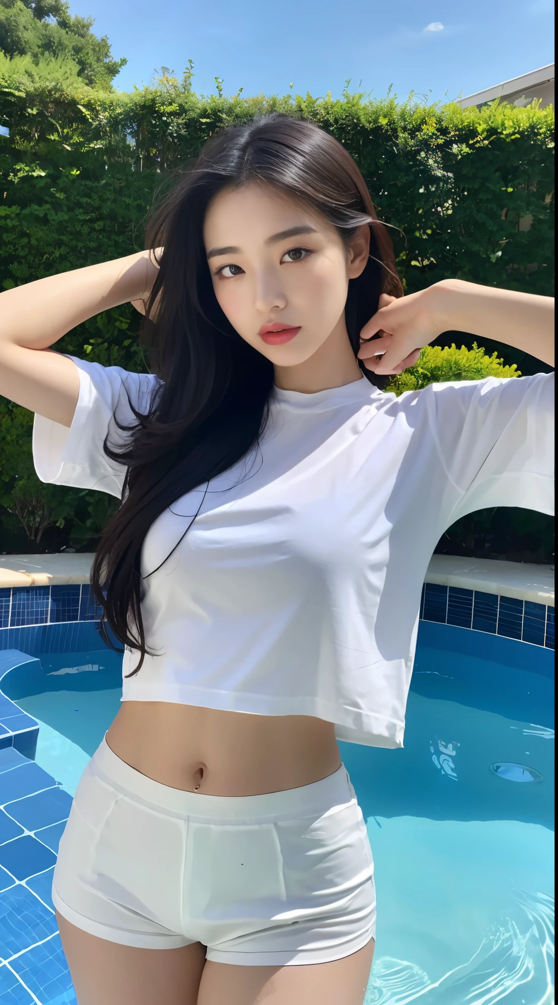 araffe asian woman in white shirt and black shorts by a pool, beautiful south korean woman, korean girl, gorgeous young korean woman, beautiful young korean woman, korean woman, next to a pool, sexy girl, hot with shining sun, wearing tight shirt, tight shirt, beautiful asian girl, in water up to her shoulders, gorgeous lady, asian girl, wet shirt