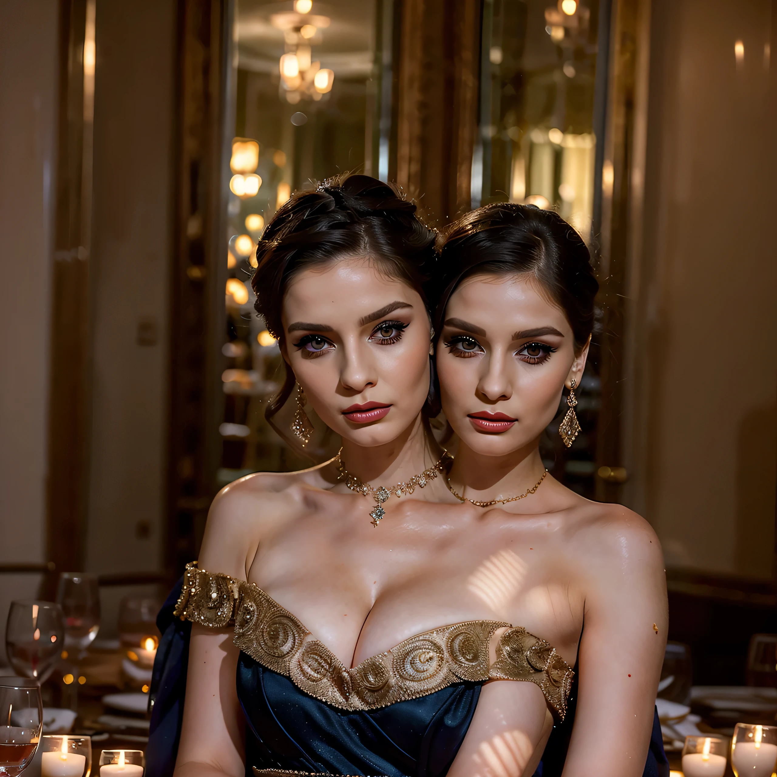 2heads, two headed woman, age 28, gorgeous, glamorous, fancy dress, fancy hairstyle, perfect makeup, elegant jewelry, pale skin, dark hair, at gala, closeup,