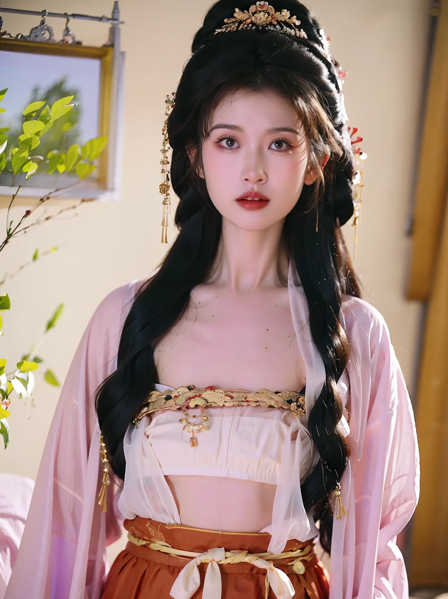(hyperrealistic), (illustration), (high resolution), (8K), (extremely detailed), (best illustration), (best quality), (ultra-detailed), (masterpiece), (wallpaper), (photorealistic), (natural light), (1girl:1.52), (solo:1.51), (beautiful detailed eyes), (detailed beautiful face), (high detailed realistic skin texture), (anatomically correct), (high detailed realistic hair), (caramel hair:1.35), (heterochromic eyes), (detailed eyes), (black eyes:1.37), (sparkling eyes), (realistic huge breasts:1.57), (slender abs), (dynamic modelling pose), (closed tiny mouth:1.3), (concentrated expression), ((fullbody:1.56)), Luxurious Empress of the Chinese Court in the Qing Dynasty The background of this perverted and erotic woman wearing a crown and tying her hair in a knot on both sides (pornographic pose) in a luxurious Chinese court of the Qing Dynasty is the Empress of the Chinese Court in the Qing Dynasty. The setting is a luxurious room, shoulders, She stands in full view, nude, naked