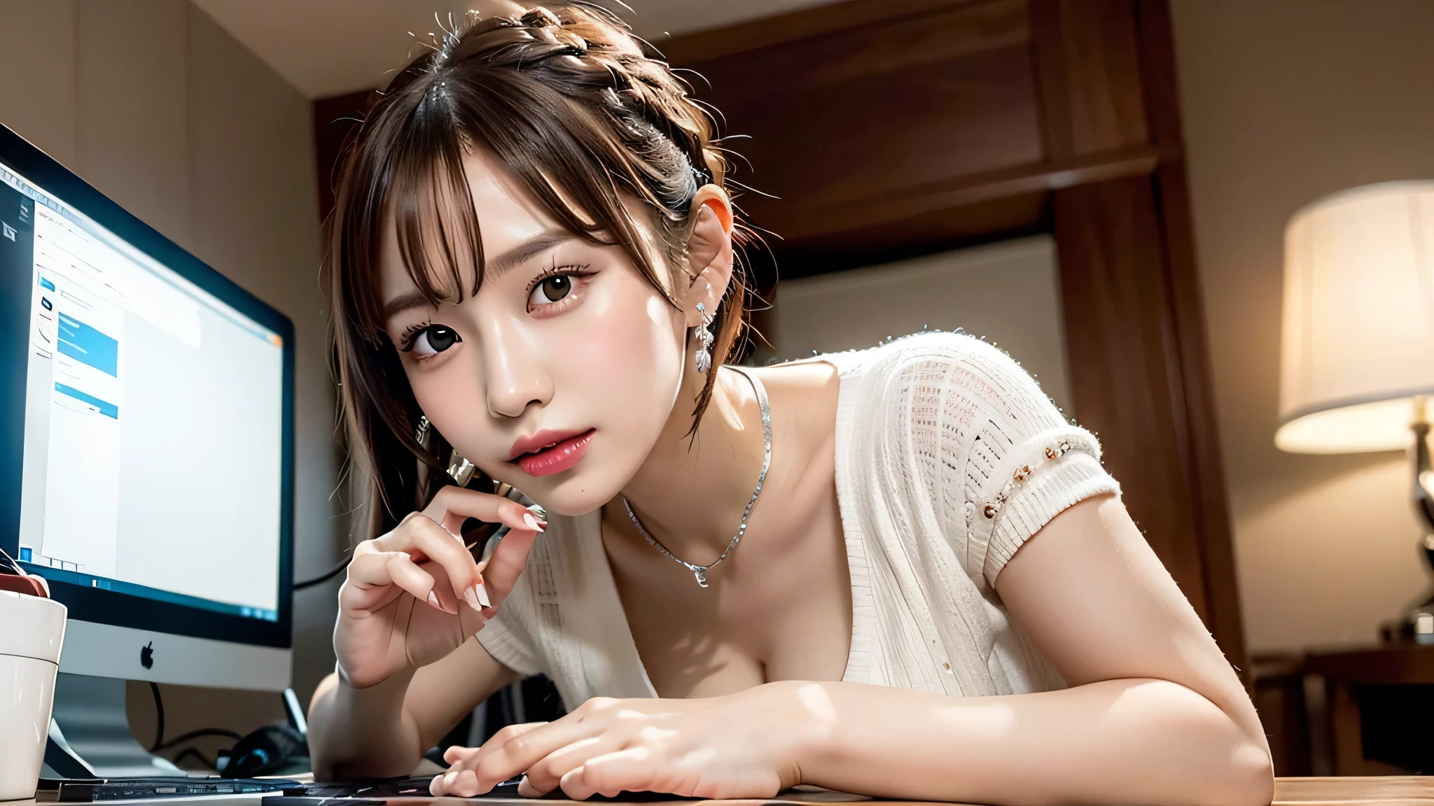 one girl,hairpin,necklace,earrings,look up from below,pointed red mouth,blush,he shyly looks at the viewer,big and full breasts,(Shiny silver and orange striped short hair,Ponytail decorated with elaborate braids and beads,),(professional lighting),(8k,table top,highest quality,Ultra high resolution output image,),(intricate details,),(From image mode to ultra HD),Depth of written boundary,beautiful hands,beautiful fingers,Detailed functions of fingers,Detailed characteristics of hair,detailed facial features,Detailed features of the wear,looks like him&#39;he is obsessed with computers，