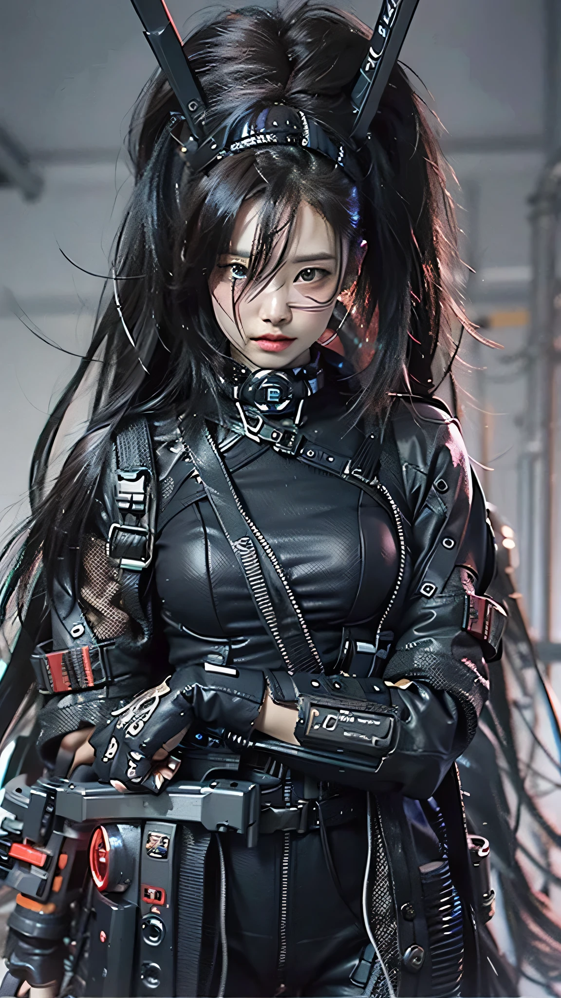 ((Best quality)), ((masterpiece)), (highly detailed:1.3), 3D, beautiful (cyberpunk:1.3) samurai woman with long black hair, black clothes looking at camera