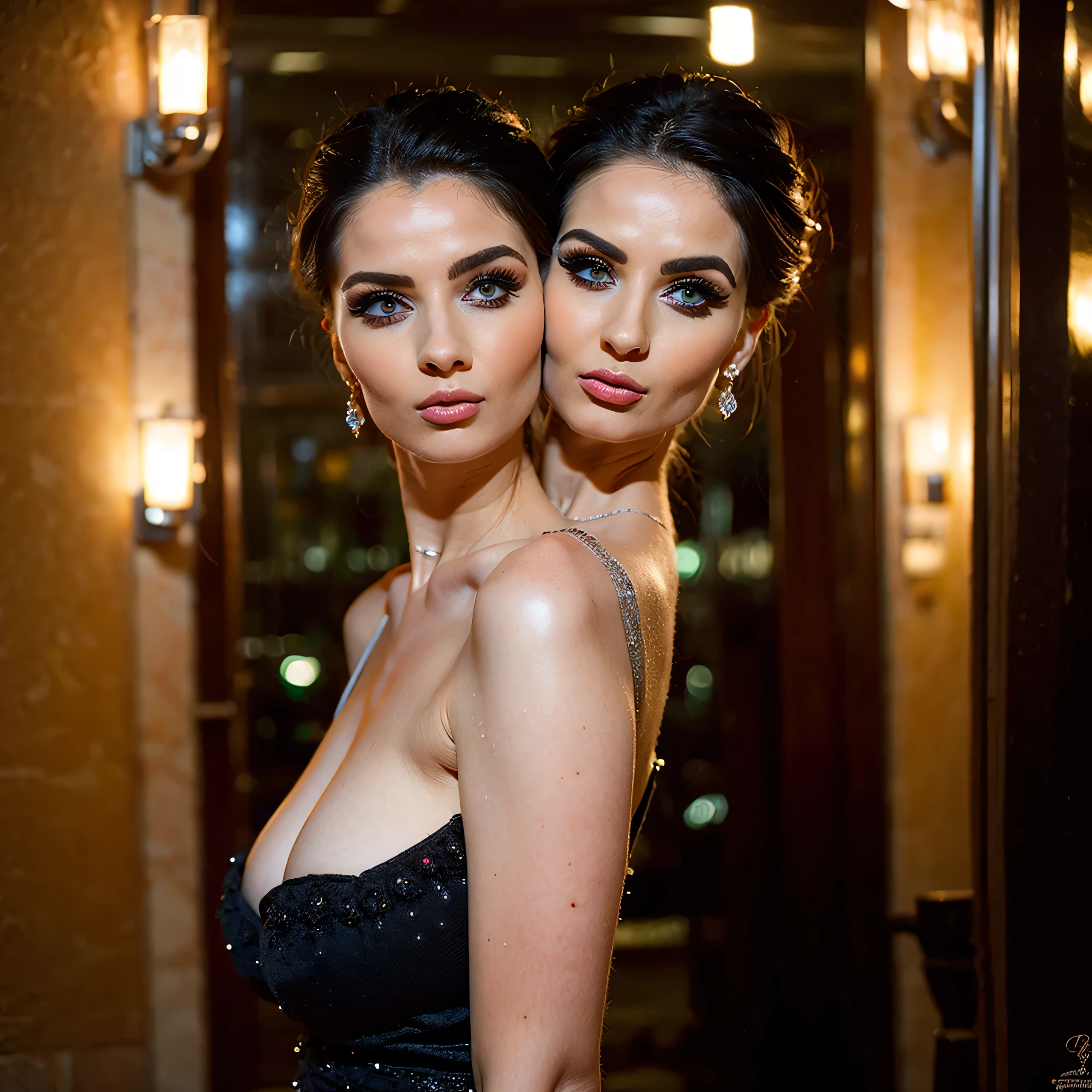 2heads, two headed woman, age 28, gorgeous, glamorous, fancy dress, fancy hairstyle, perfect makeup, elegant jewelry, pale skin, dark hair, at gala, closeup,