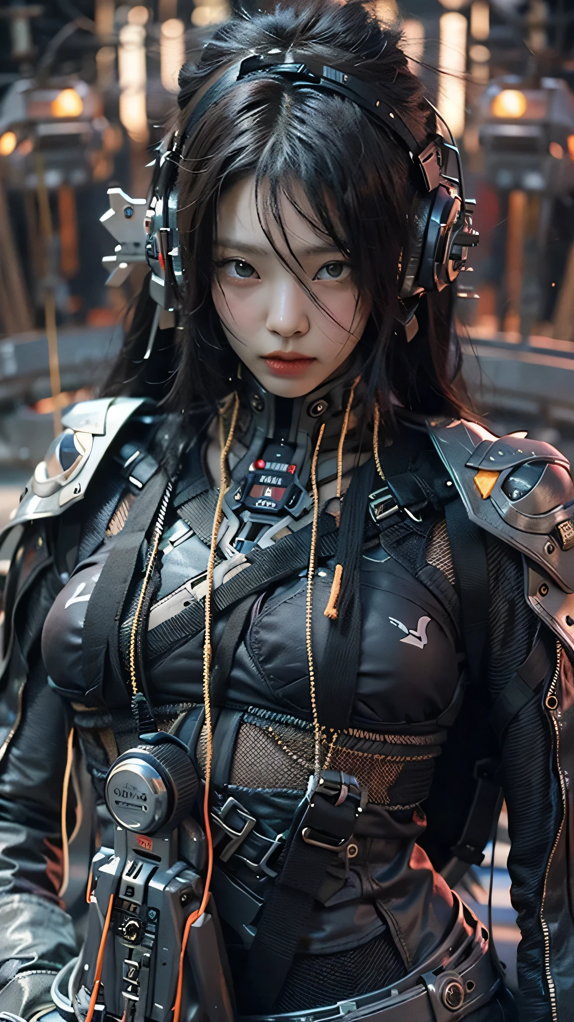 ((Best quality)), ((masterpiece)), (highly detailed:1.3), 3D, beautiful (cyberpunk:1.3) samurai woman with long black hair, black clothes looking at camera