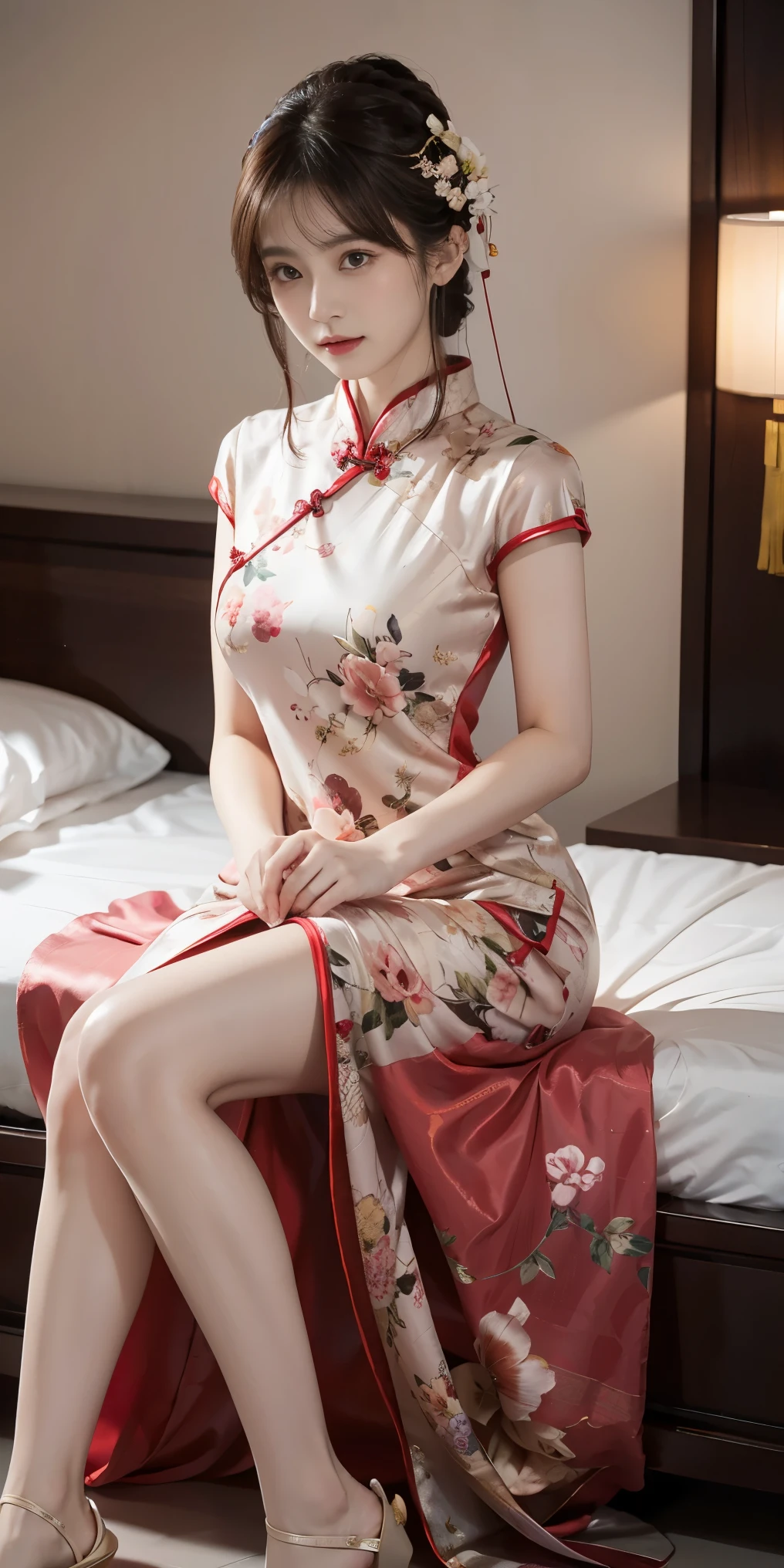 araffe woman in a floral dress sitting on a bed, cheongsam, chinese girl, chinese dress, chinese woman, gorgeous lady, gorgeous chinese model, xintong chen, cute elegant pose, chinese style, wearing pink floral gown, sexy dress, wearing an elegant dress, beautiful south korean woman, elegant japanese woman, xue han, full body xianxia