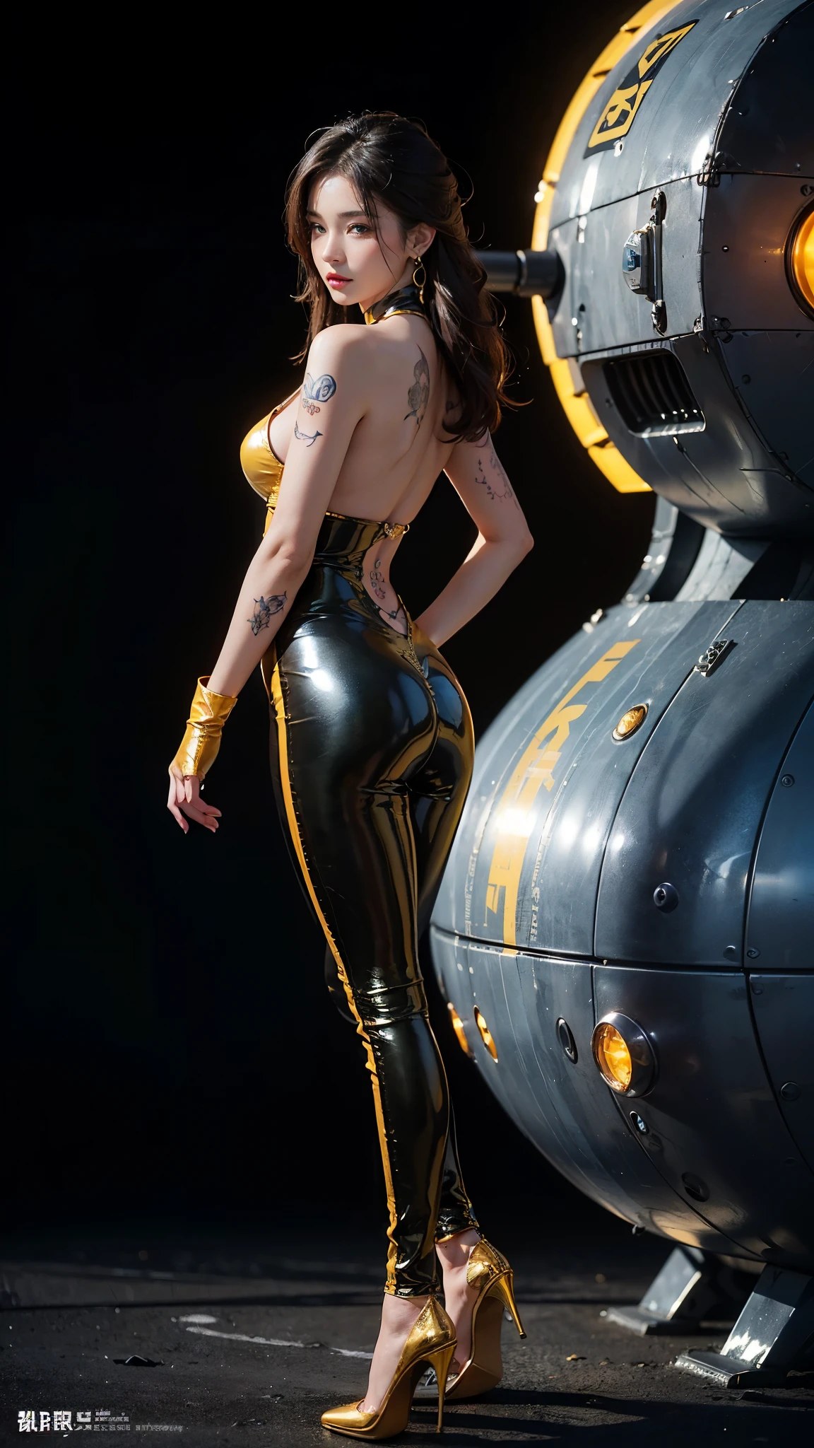 ((masterpiece:1.4)、(highest quality:1.4)、(realistic:1.7))、master piece:1.4、(Finest rendering:1.4)、(Yuki, the beautiful navigator of Space Battleship Hikari:1.4)、Super beautiful航海士Yuki、(Written by Luis Royo:1.4)、(Uniforms that highlight your beautiful style:1.2)、(Futuristic sci-fi battle fashion:1.2)、(street style wear)、(tight fit pants)、(Luxurious shiny latex:1.4)、(luxury yellow latex:1.4)、19 years old、(cute tattoo:1.4)、(wearing yellow gloves)、cute girl、Super beautiful、(seductive pose)、sharp focus、portrait photography:1.4、8k、realistic photo images:1.4、(perfect female body:1.4)、perfect proportions、(standing:1.4)、(full body photography:1.4)、beautiful face、fearless look、beautiful eyes、(A girl with a beautiful body that emphasizes her slender abdominal muscles)、narrow waist、(9 life size beautiful style girl)、(Beautiful girl with long legs and good style:1.4)、beautiful feet、(long hair:1.2)、dark makeup、eye shadow、Glow eye、glow lip、beautiful breasts、big breasts:1.2、sexy butt、(standing facing forward:1.4)、Raw photo、red lips、yellow high heels:1.4、choker:1.4、necklace:1.4、earrings:1.4、1 screen display、Space Battleship Hikari's bridge:1.2