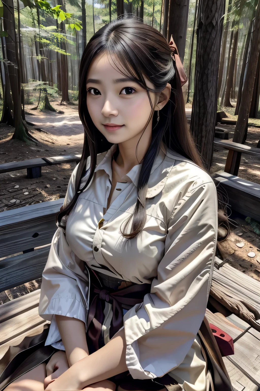 8k、High resolution、A beautiful girl from primitive times、young、white skin,、narrow eyes,high nose,lighting that illuminates the face、clear image、intellectual beauty、skinny、no makeup、The expression you show to your lover,shining hair、single eyelid,、vivid pose、looking at camera、relax on vacation、first inhabited country、Primeval forest、Hunting life、National costume