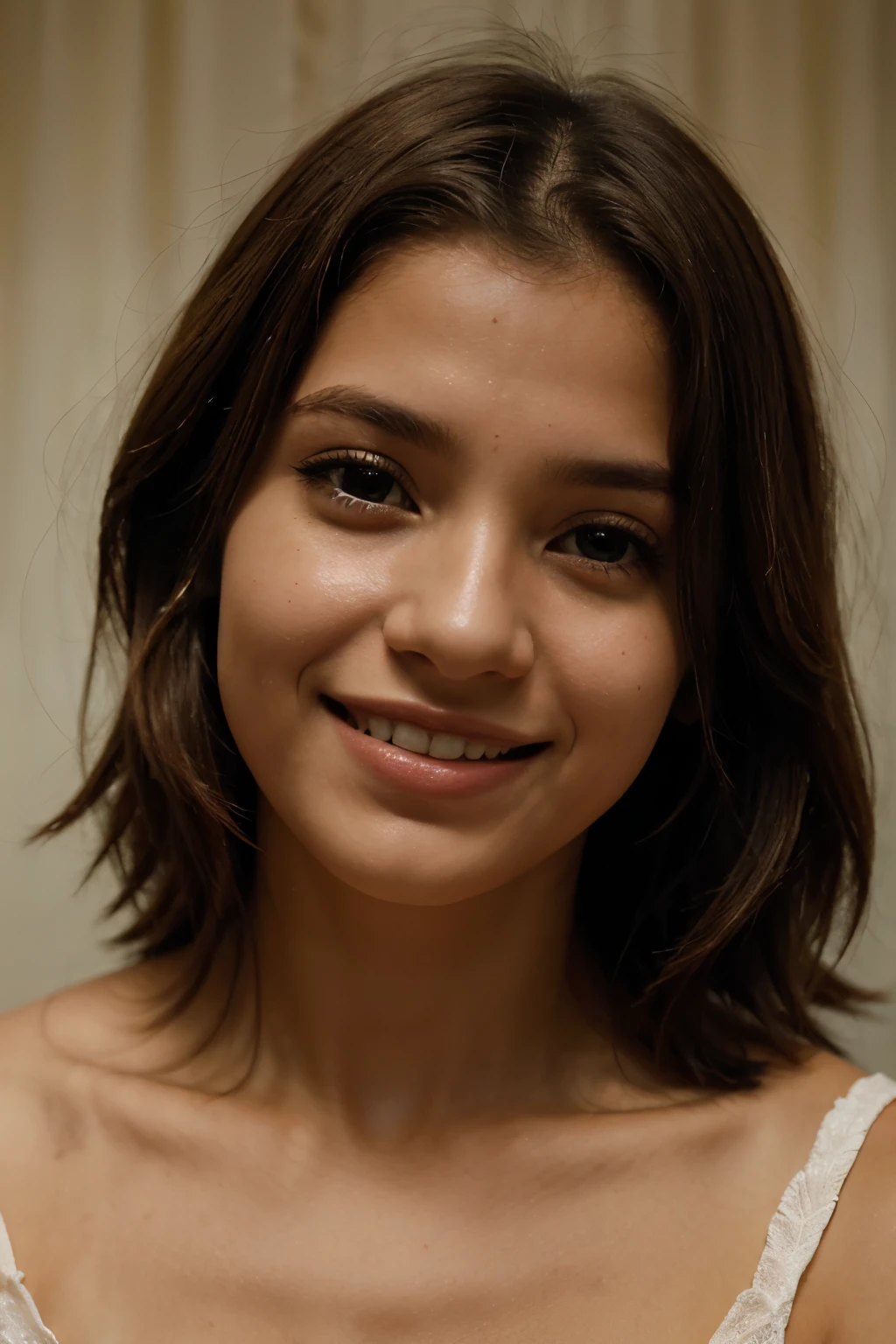 (Emily01), RAW photo, a close up portrait, elguru, 12yo, brown_hair, full body view, showing navel, eyelashes, forehead, hair_bun, hair_pulled_back, lips, looking_at_viewer, hair bun, brown_eyes, lips, nude, topless, , photo_\(medium\), photorealistic, realistic, smile, solo, (high detailed skin:1.2), 8k uhd, dslr, cinematic lighting, high quality, film grain, Fujifilm XT3,  