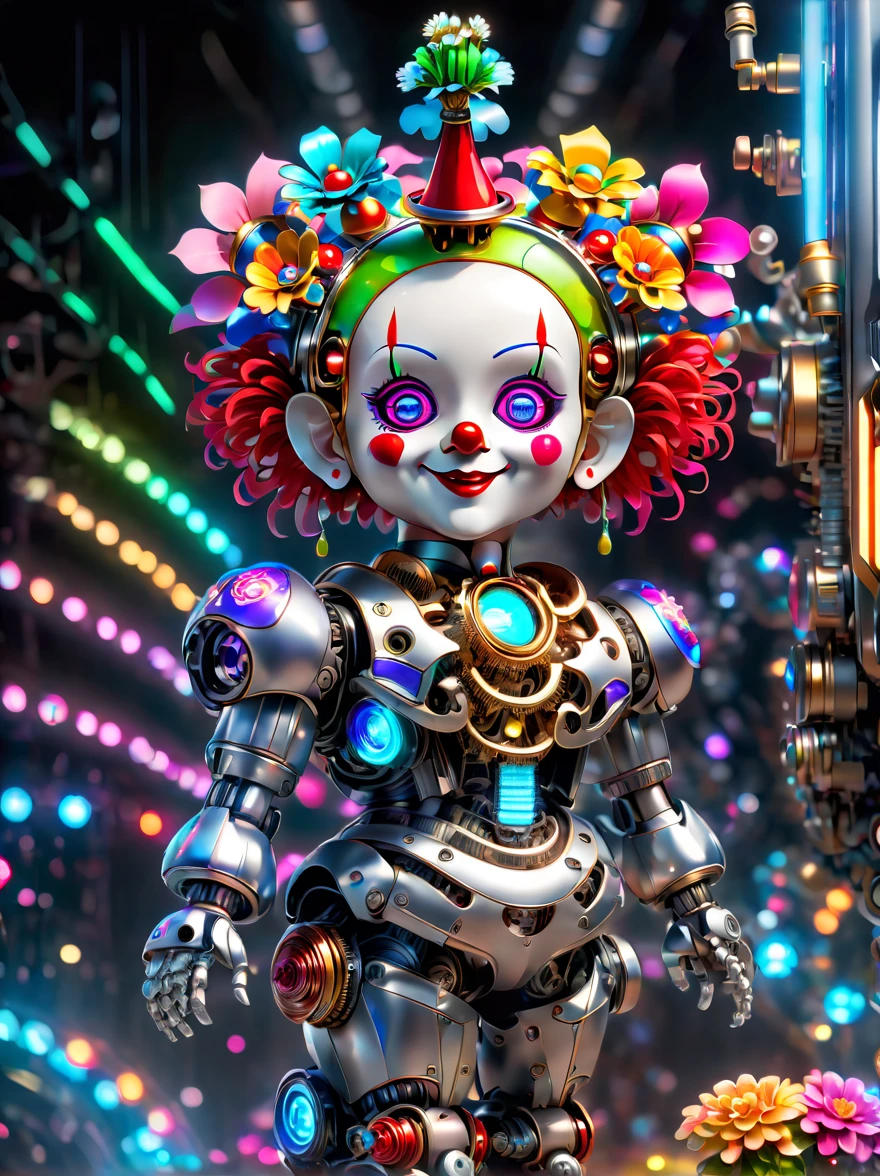 (three-dimensional，Mechanical feel，cute，1 small clown doll，Mechanical doll: 1.3), ((solo)), Colorful neon lights, High-tech mechanical parts, Metal body, Detailed vibranium flower design, bright colors, Dynamic glowing flowers, Reflective metal surface, bright environment, dynamic poses, Exquisite presence, skill improved, interlocking mechanical gears, Stylish design, motion blur effect, Detailed metal processing, Sci-fi atmosphere, Streamlined aerodynamic shape, Laser scanning pattern, Holographic projection, LED light track, beautiful and unforgettable, Advanced sensors, complex algorithm, Ominous and mysterious atmosphere, electric spark, Shiny chrome plating, Propulsion systems of the future, BJ_Gundam, (best quality, 8k, high resolution, masterpiece: 1.2), Super detailed, (whole body:1.8)