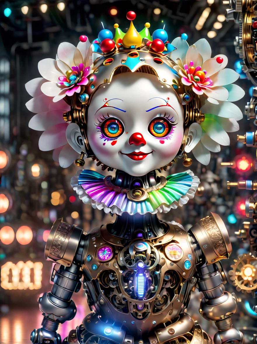 (three-dimensional，Mechanical feel，cute，1 small clown doll，Mechanical doll: 1.3), ((solo)), Colorful neon lights, High-tech mechanical parts, Metal body, Detailed vibranium flower design, bright colors, Dynamic glowing flowers, Reflective metal surface, bright environment, dynamic poses, Exquisite presence, skill improved, interlocking mechanical gears, Stylish design, motion blur effect, Detailed metal processing, Sci-fi atmosphere, Streamlined aerodynamic shape, Laser scanning pattern, Holographic projection, LED light track, beautiful and unforgettable, Advanced sensors, complex algorithm, Ominous and mysterious atmosphere, electric spark, Shiny chrome plating, Propulsion systems of the future, BJ_Gundam, (best quality, 8k, high resolution, masterpiece: 1.2), Super detailed, (whole body:1.8)