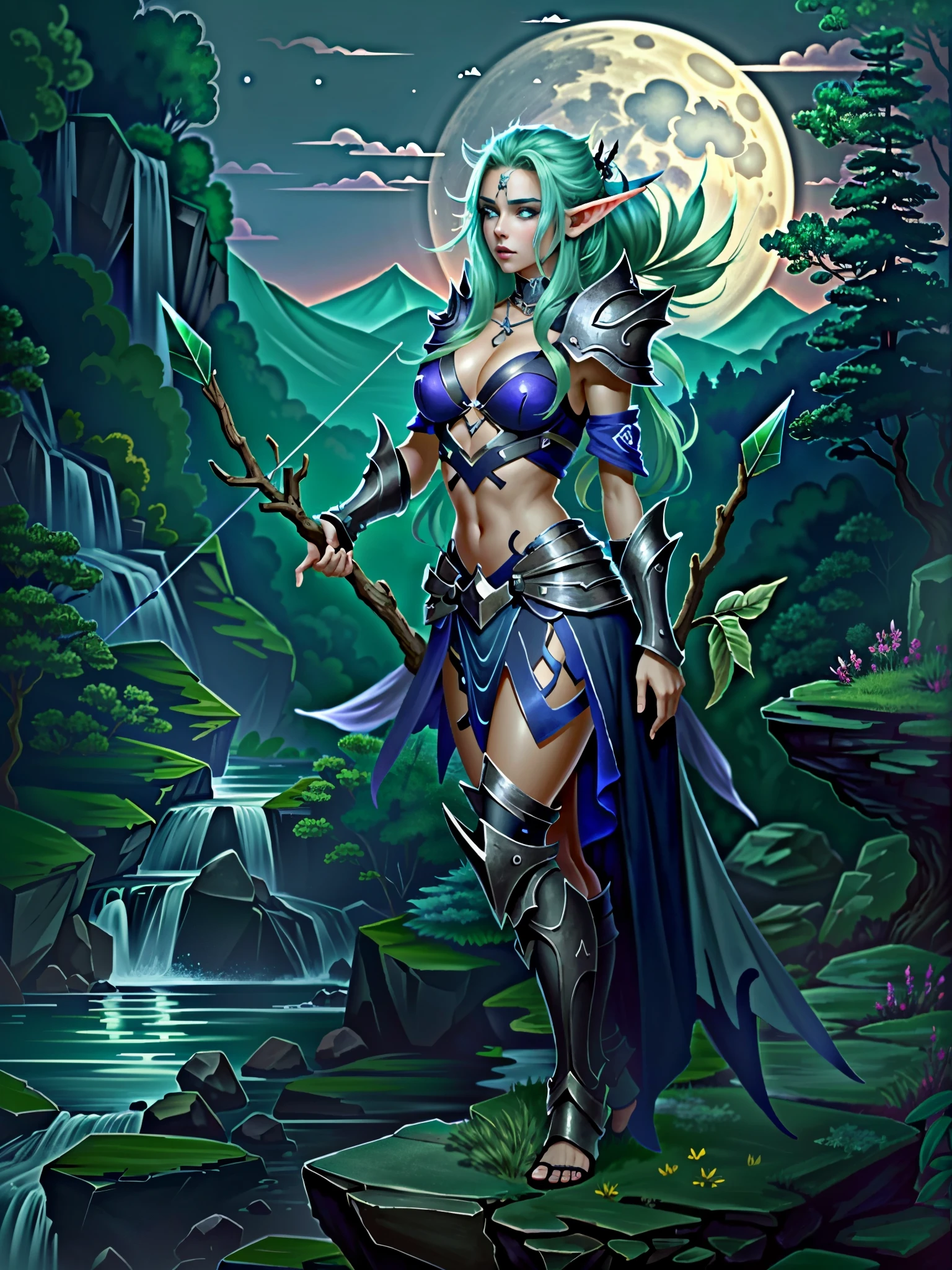 Masterpiece, ultra detailed, best quality, beautiful night elf, violet skin,  perfect body, armor on the shoulders and legs, large breasts, she has arrows and arrows on her back, she stands on top of a large rock near a small waterfall, in the background you can see a large forest on a full moon night 