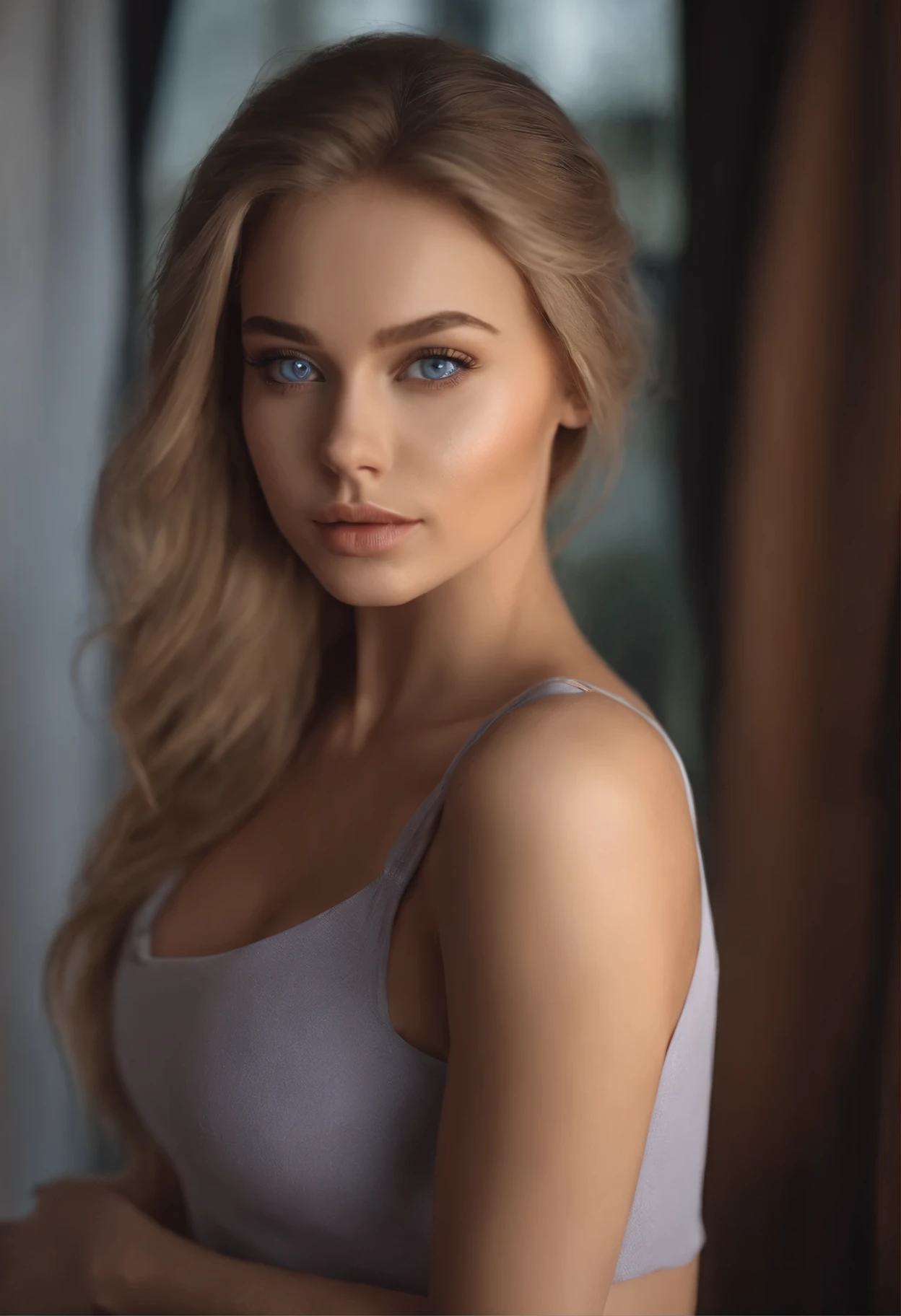 arafed woman fully , sexy girl with blue eyes, ultra realistic, meticulously detailed, portrait sophie mudd, blonde hair and large eyes, selfie of a young woman, in club, violet myers, without makeup, natural makeup, looking directly at the camera, face with artgram, subtle makeup, stunning full body shot kneeling on bed, in bedroom, medium to large size bust