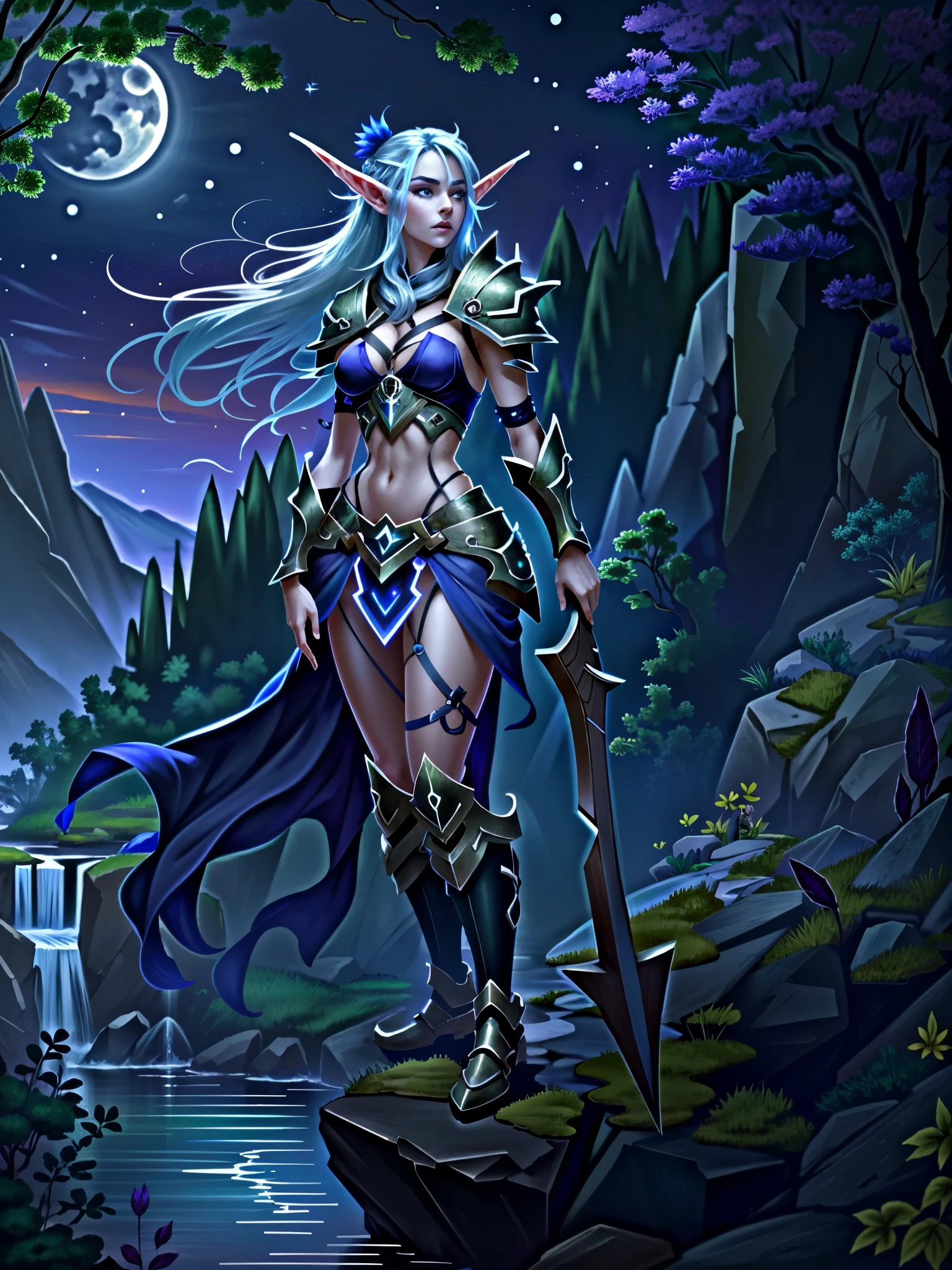 Masterpiece, ultra detailed, best quality, beautiful night elf, violet skin,  perfect body, armor on the shoulders and legs, large breasts, she has arrows and arrows on her back, she stands on top of a large rock near a small waterfall, in the background you can see a large forest on a full moon night 