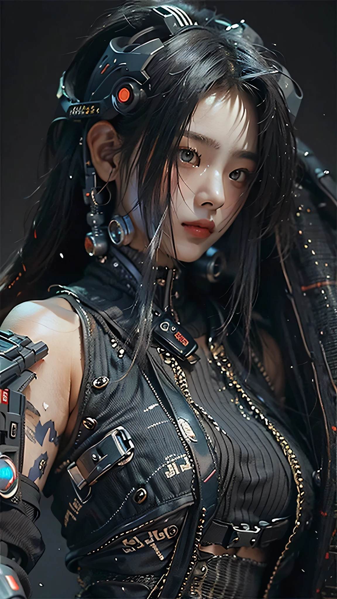 ((Best quality)), ((masterpiece)), (highly detailed:1.3), 3D, beautiful (cyberpunk:1.3) samurai woman with long black hair, black clothes looking at camera