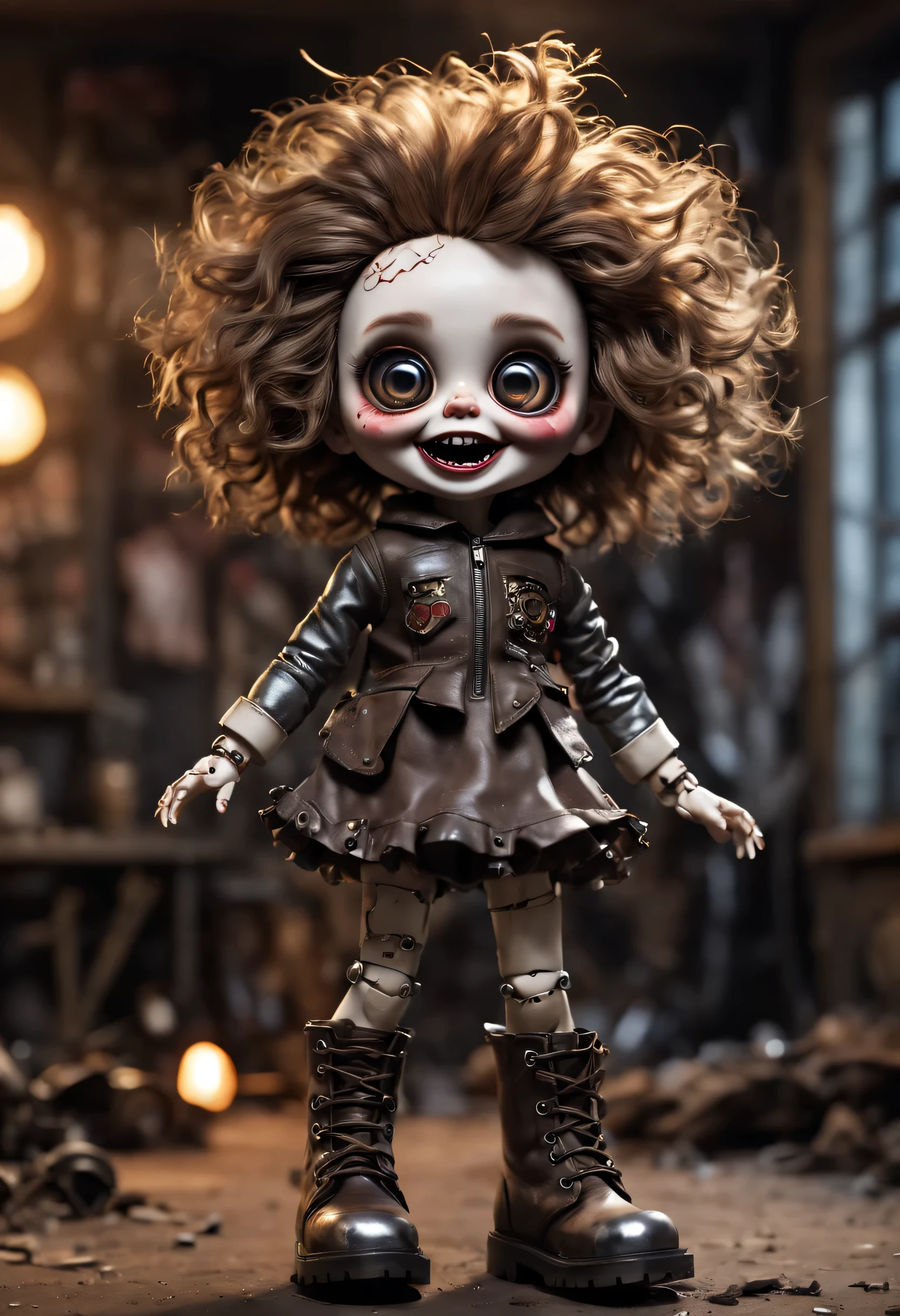 (best quality,4k,masterpiece:1.2),super detailed,lifelike:1.37,Possess human emotions and intelligence,scary mechanical doll,big eyes,dark eye makeup,laughing out loud,Mechanical joint,fluffy hair,whole body,damaged leather boots,Metal skin decoration,dirty,tattered clothes,Rag clothes,glow