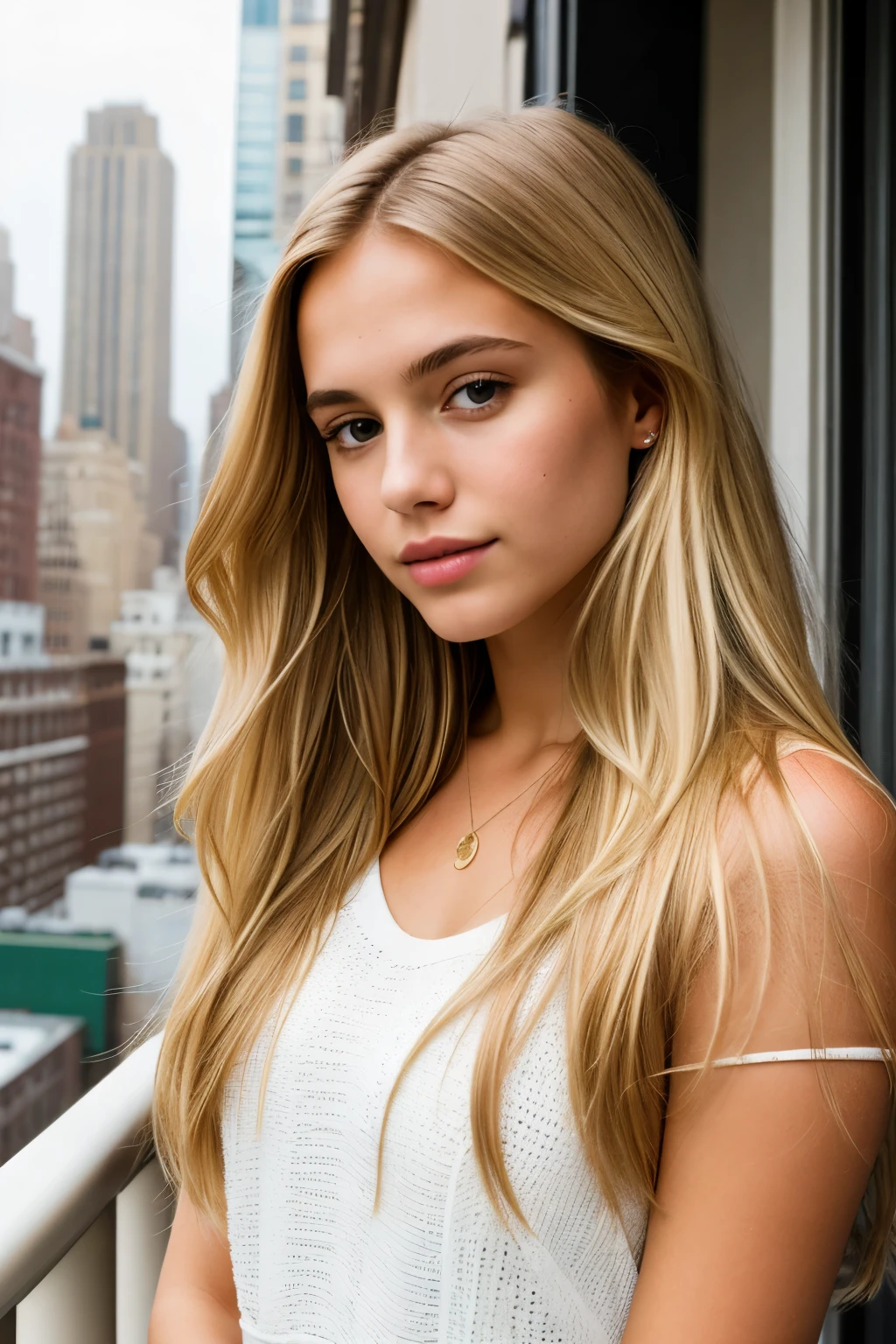 1girl in, age13, Solo, Long hair, , Looking at Viewer, blondehair, Bare shoulders, Brown eyes, jewely, Full body, a necklace, Roof top, City of New York behind, wearing small bra, micro thong, Tender smile, Ultra Realistic, A sexy Pose, Perfect Body body, rear view