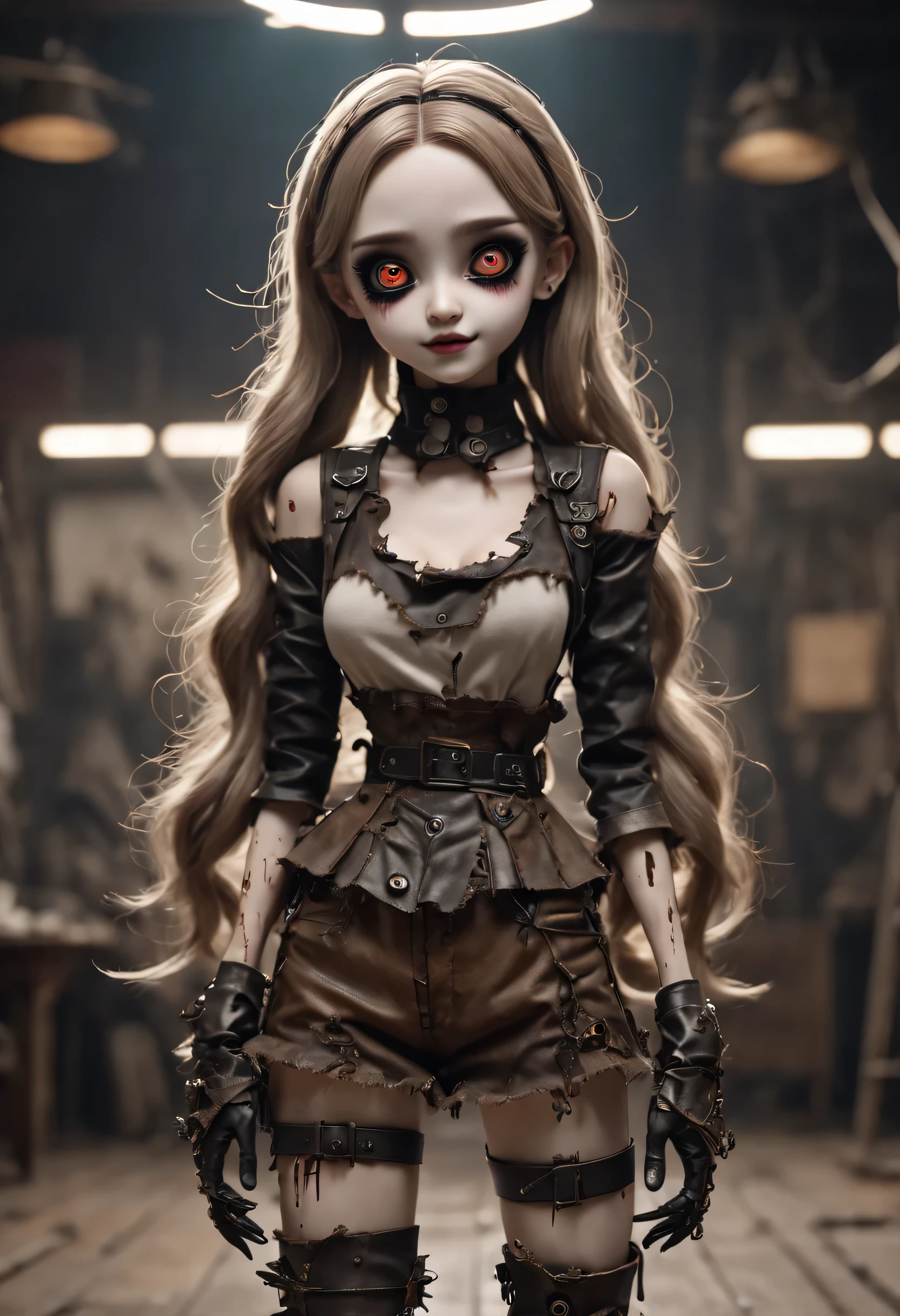(best quality,4k,masterpiece:1.2),super detailed,lifelike:1.37,on stage,Possess human emotions and intelligence,scary mechanical doll,big eyes,dark eye makeup,Spooky smile,Mechanical joint,double tail,whole body,damaged leather boots,Metal skin decoration,dirty,tattered clothes,Rag clothes,glow