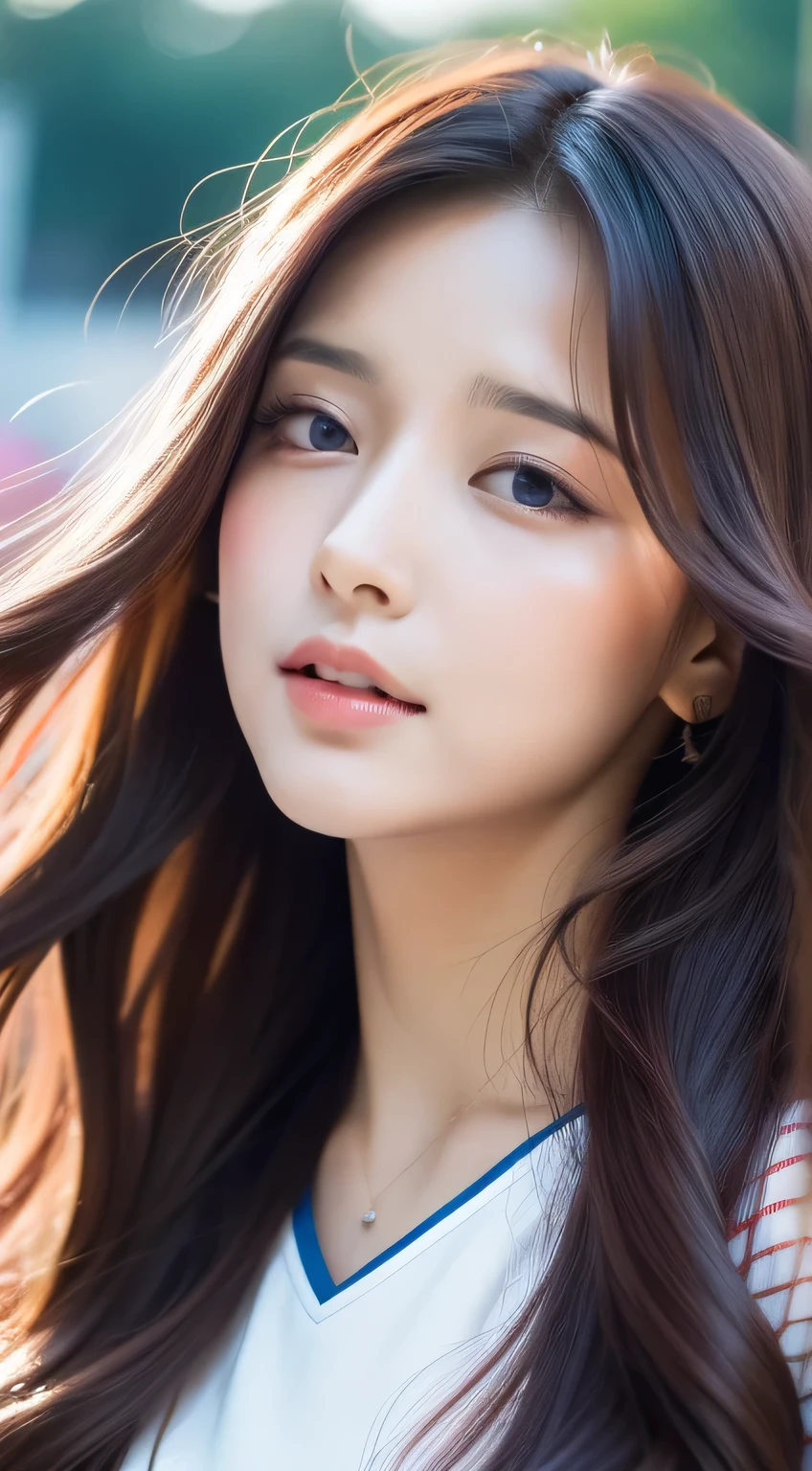best quality, high resolution, very detailed, realistic, Beautiful red to blue gradient wavy long hair blowing on woman&#39;A calm face in the breeze, I lifted my long hair., Vibrant flowers with a park backdrop, enlargement