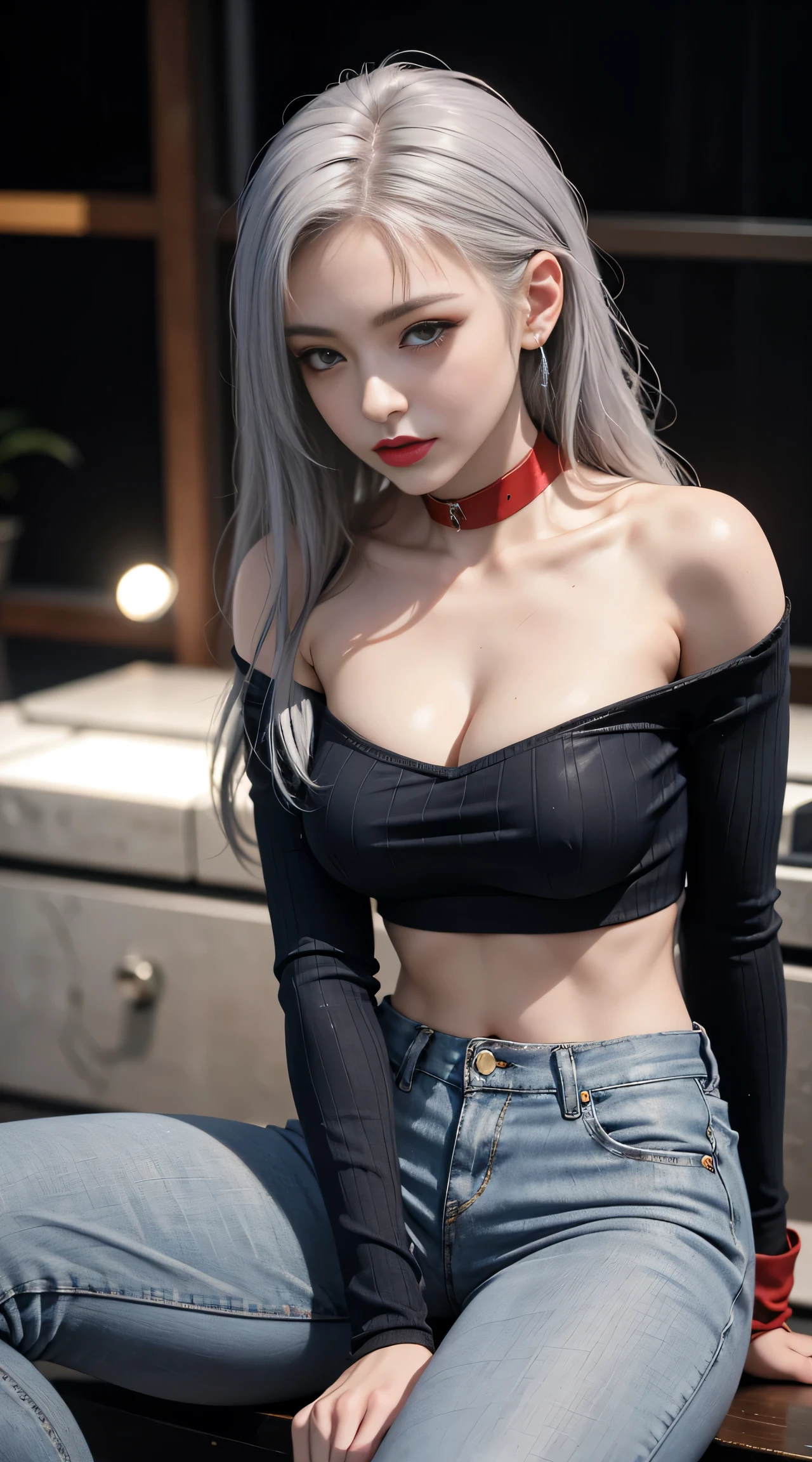 sfw, (Sci-fi fantasy), (Masterpiece), (professional oil painting) (best quality), (8k resolution), (1 beautiful girl), ((pale gray skin)), (iron gray skin), small head, ((jeans clothes)),(red jacket)), ((black t-shirt underneath), ((red lipstick)), ((black sneakers)), (comcept art), , (long hair), (messy hair), (white hair), (iron gray hair), ((with futuristic weapon)), (ammunition), ((moonlight of the night)), (sitting thinking)), wearing bra,((skinny waist)), young asian girl, ((big breasted)),