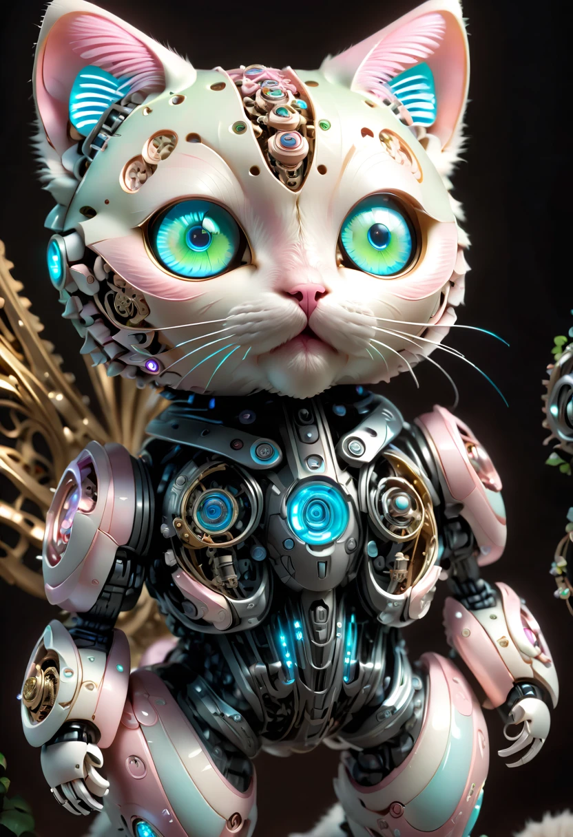 (Three-dimensional, Biomechanical feel, adorable, 1 small robotic cat doll, Mechanical creature: 1.3), ((solo)), Soft, pastel-colored lights, Organic mechanical parts, Polymer and metal body, Detailed bioluminescent pattern design, calming colors, Dynamic pulsating patterns, Smooth biopolymer surface, serene environment, dynamic poses, Endearing presence, fluid interlocking biomechanics, Playful design, motion blur effect, Detailed biomechanical engineering, Futuristic atmosphere, Streamlined organic shape, Biometric scanning pattern, Holographic interface, LED mood lighting, captivating and unforgettable, Advanced AI, complex bio-algorithm, Soothing and enchanting atmosphere, subtle electric hum, Iridescent biopolymer coating, Biomechanical propulsion, Bio_Mechanical_Cuties, (best quality, 8k, high resolution, masterpiece: 1.2), Super detailed, (whole body:1.8)