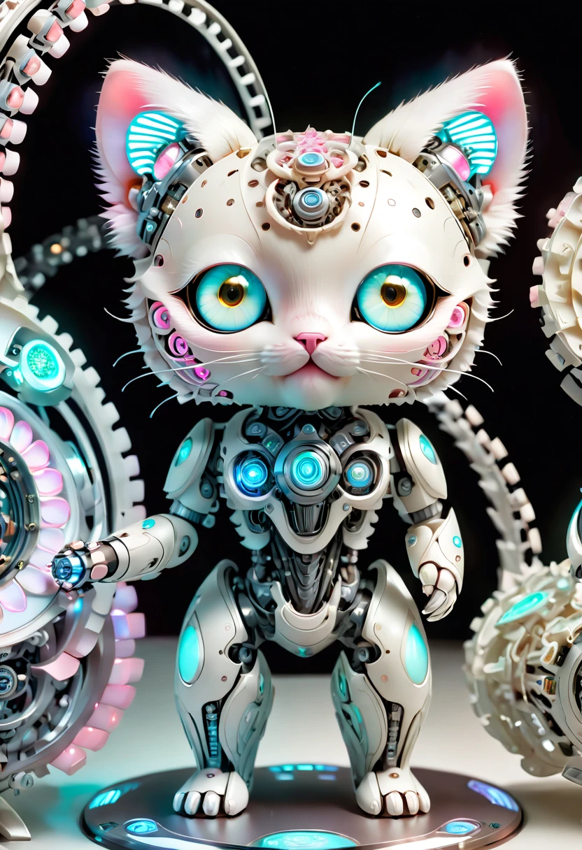 (three-dimensional，Mechanical feel，cute，1 small clown doll，Mechanical doll: 1.3), ((solo)), Colorful neon lights, High-tech mechanical parts, Metal body, Detailed vibranium flower design, bright colors, Dynamic glowing flowers, Reflective metal surface, bright environment, dynamic poses, Exquisite presence, skill improved, interlocking mechanical gears, Stylish design, motion blur effect, Detailed metal processing, Sci-fi atmosphere, Streamlined aerodynamic shape, Laser scanning pattern, Holographic projection, LED light track, beautiful and unforgettable, Advanced sensors, complex algorithm, Ominous and mysterious atmosphere, electric spark, Shiny chrome plating, Propulsion systems of the future, BJ_Gundam, (best quality, 8k, high resolution, masterpiece: 1.2), Super detailed, (whole body:1.8)