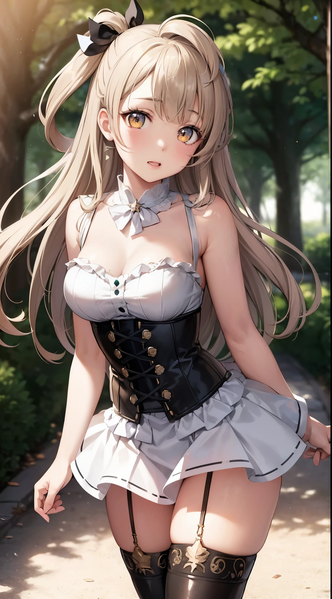 Minami Kotori, One side up, Hair Ribbon, masterpiece, top quality, high resolution, unity 8k wall paper, illustration, detailed eyes, extra detailed face, Highly detailed CG, glossy lips, light makeup, standing, corset, panties, thigh boots, sword, necklace, (forest)