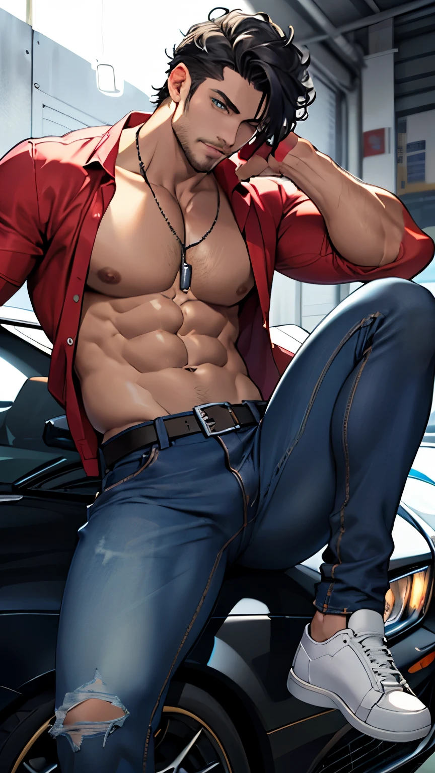 ((best quality)), ((Masterpiece)), (details), perfect face,high definition,Masterpiece,4k,details clearly,Handsome face,white skin,perfect body,male body,strong muscles,Abdomen muscles are wavy.,abdomen,blue eyes,white skin,The most handsome man in the world,handsome,,The coolest face,Male characters,challenge,Show off your body,Strong breasts,beautiful eyes,Look clearly.,sexy male underwear,strong legs,wet body,Show off your arm muscles,luxurious,crystal,millionaire,Ratchawong House,luxurious,Show off your muscles,black jeans,luxury car,sport car,Coolest car,curly hair,pose on car,luxury,perfect hands,perfect eyes,in the garage,V shape,inside,studio light,black car,car lights,perfect male face,pose like champion,shatter jeans,eyes,close up,hotest pose,holding a wrench,full HD,cinematic,(Unbutton jeans),see panties,(shirtless),luxury belt,smart phone,black briefs