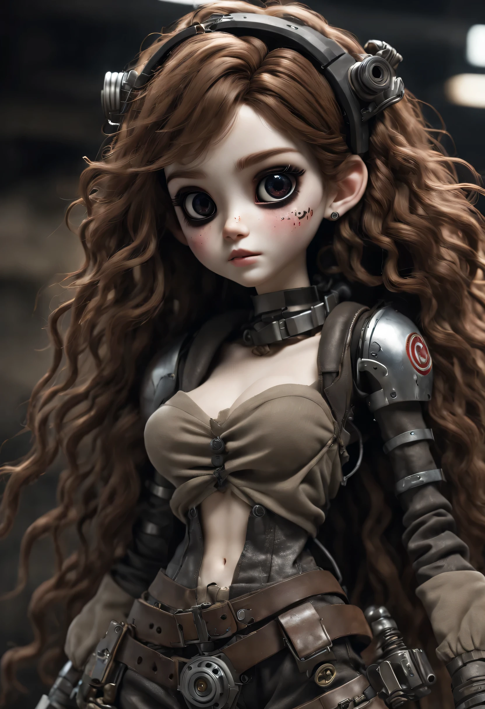 （best quality，4k，masterpiece：1.2），super detailed，lifelike：1.37，sniper，Possess human emotions and intelligence，scary mechanical doll，big eyes，dark eye makeup，Spooky smile，Mechanical joint，fluffy hAir，whole body，damaged leather boots，The arms are connected by many wires，under someone&#39;s control，Air，Metal skin decoration，dirty，tattered clothes，Rag clothes，glow