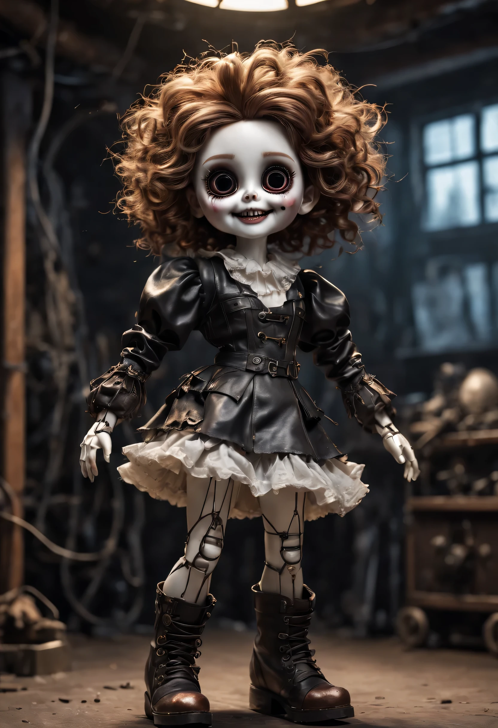 (best quality,4k,masterpiece:1.2),super detailed,lifelike:1.37,on stage,Possess human emotions and intelligence,scary mechanical doll,big eyes,dark eye makeup,Spooky smile,Mechanical joint,fluffy hAir,whole body,damaged leather boots,The arms are connected by many wires,under someone's control,levitation,Air,Metal skin decoration,dirty,tattered clothes,Rag clothes,glow