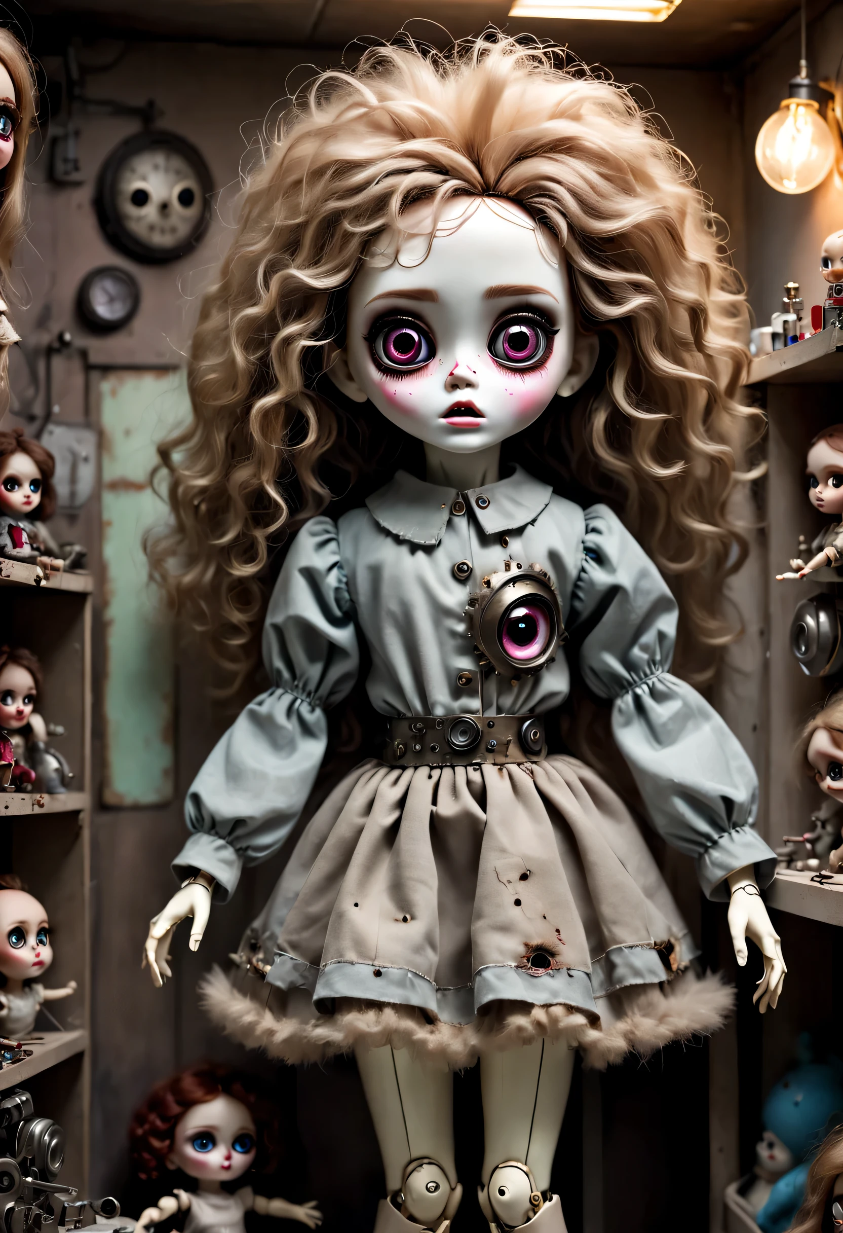 A unique artistic doll with large, round eyes that have intricate details. aspect creppy, The doll is listening to music with headphones, the doll is looking at the starry sky and at night, the doll has a pale complexion with spots running down her cheeks, giving her a somewhat creepy appearance. Her hair is long, dark, and braided, with two large tattered bows on either side. The doll is dressed in a vintage-style dress with a crossover neckline, decorated with a black ribbon. The background is off, allowing the doll to be the main focus.