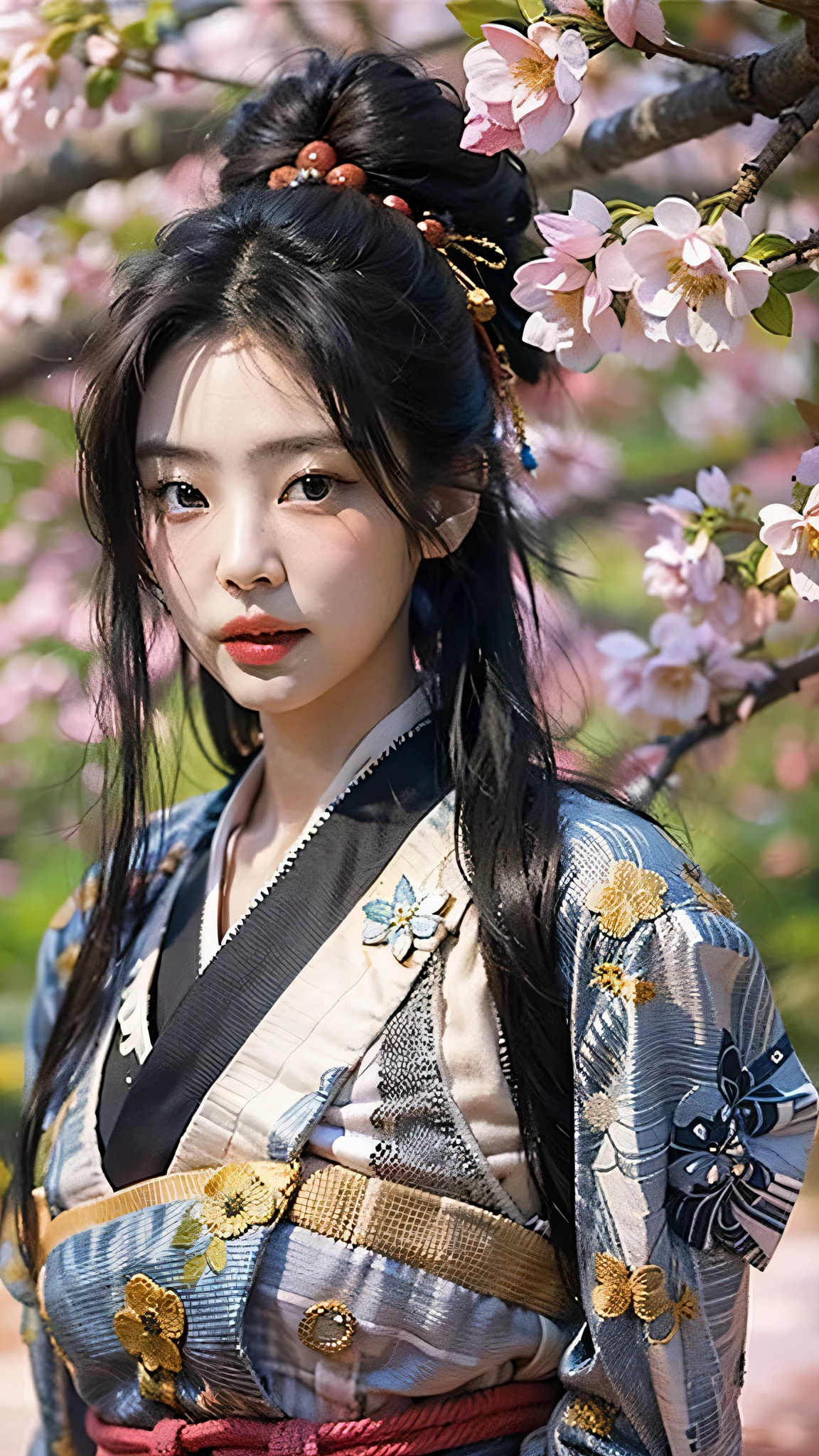 ((Best quality)), ((masterpiece)), (highly detailed:1.3), (sakura tree, Autumn cherry blossoms), 3D, realistic, beautiful, assasint woman with long black hair, Samurai kimono clothes looking at camera
