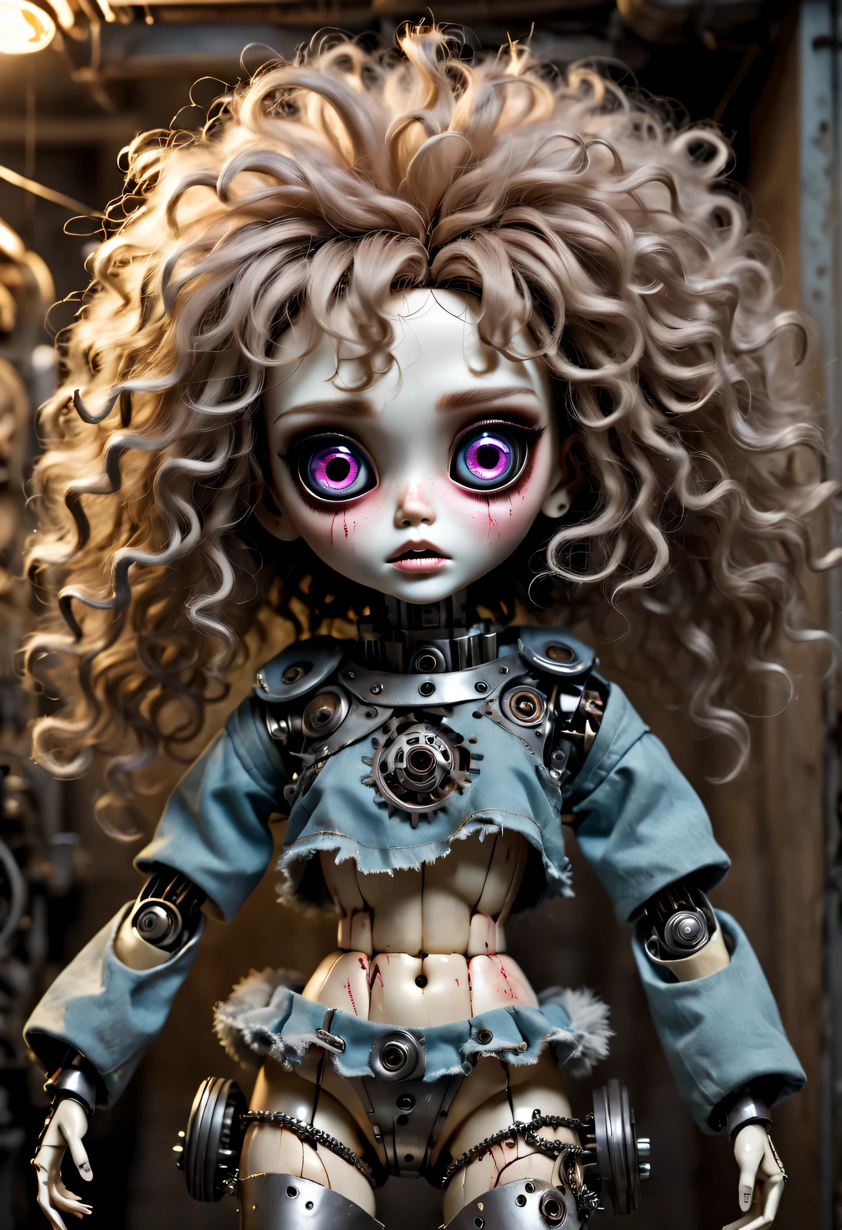 toy doll，Possess human emotions and intelligence，scary mechanical toy doll，big eyes，Look at eye makeup，Mechanical joint，fluffy hair，whole body，Metal skin decoration，dirty，tattered clothes，glow