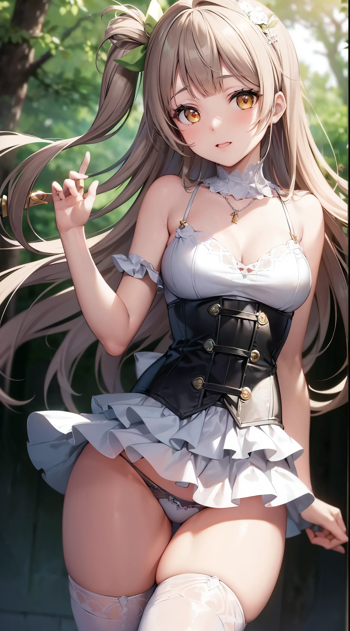 Minami Kotori, One side up, Hair Ribbon, masterpiece, top quality, high resolution, unity 8k wall paper, illustration, detailed eyes, extra detailed face, Highly detailed CG, glossy lips, light makeup, standing, corset, panties, thigh boots, ((sword)), necklace, (forest)