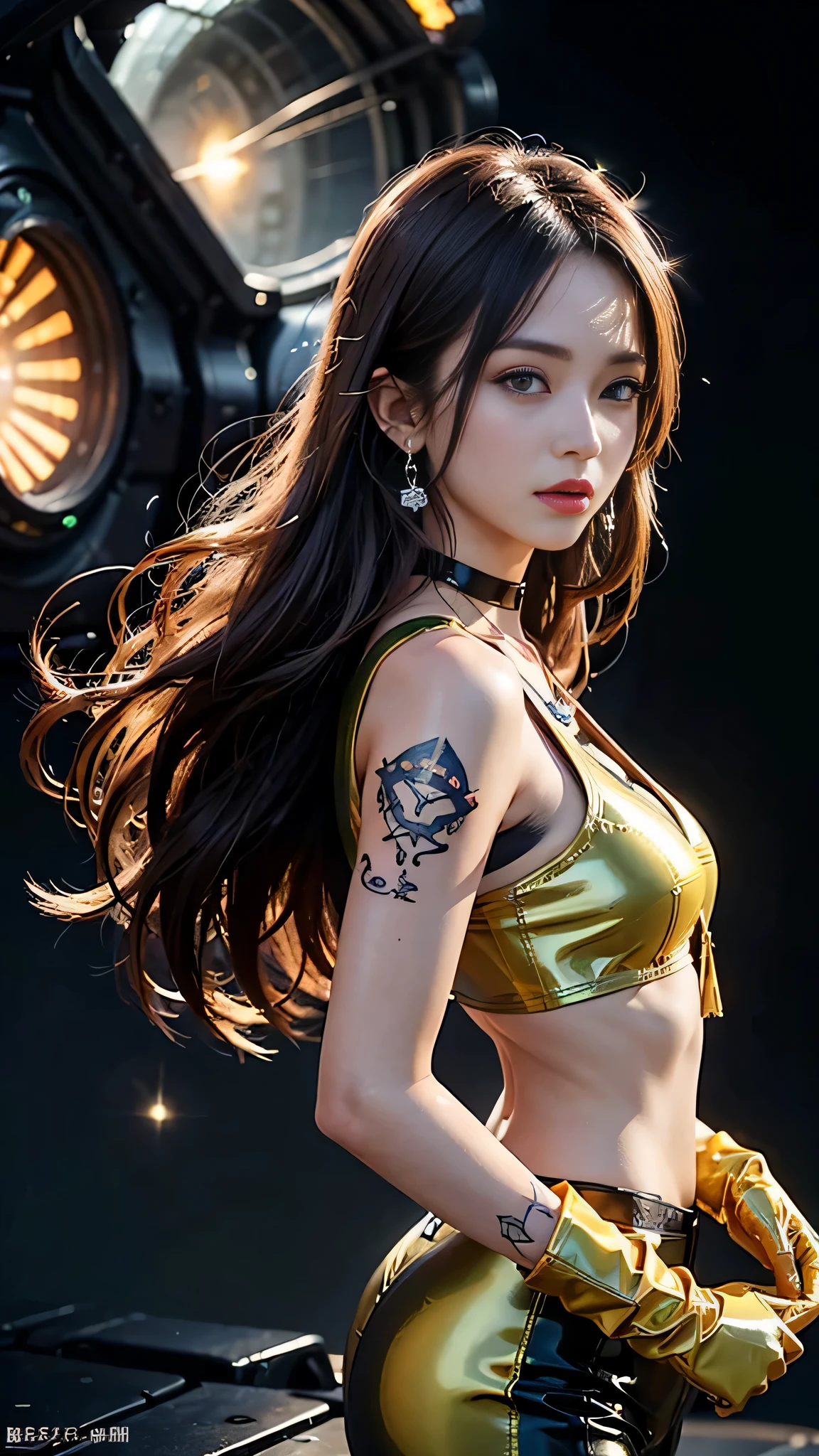 ((masterpiece:1.4)、(highest quality:1.4)、(Realistic:1.7))、Masterpiece:1.4、(Top-notch rendering:1.4)、(Kaoru, the beautiful navigator of the Space Battleship Fuji:1.4)、Super Beauty Navigator Kaoru、(By Luis Royo:1.4)、(A uniform that accentuates your beautiful figure:1.2)、(Futuristic sci-fi battle fashion:1.2)、(Street Style Wear)、(Tight Fit Pants)、(Shiny luxury latex:1.4)、(Luxury yellow latex:1.4)、19 years old、(Cute Tattoos:1.4)、(Wearing yellow gloves)、Cute Girl、Super Beauty、(Seductive pose)、Sharp Focus、Portrait Photography:1.4、8k、Photorealistic images:1.4、(Perfect female body:1.4)、Perfect proportions、(Standing:1.4)、(Upper body shot:1.4)、Beautiful Face、Fearless look、Beautiful Eyes、(A girl with a beautiful body and slender abdominal muscles)、(Narrow waist:1.4)、(9-body proportions beautiful girl:1.4)、(A beautiful girl with long legs and a good figure:1.4)、Beautiful feet:1.4、(Long Hair:1.2)、Heavy makeup、Eyeshadow、Glow Eye、Glow Lip、Beautiful breasts、Large Breasts:1.2、sexy ass、(Standing facing forward:1.4)、Raw photo、Red lips、Yellow high heels:1.4、choker:1.4、necklace:1.4、Earrings:1.4、1 Screen Display:1.4、Space Battleship Fuji's bridge:1.2