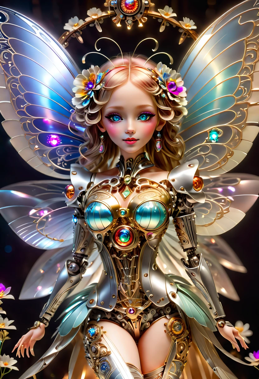 (three-dimensional，Mechanical feel，cute，1 small clown doll，Mechanical doll: 1.3), ((solo)), Colorful neon lights, High-tech mechanical parts, Metal body, Detailed vibranium flower design, bright colors, Dynamic glowing flowers, Reflective metal surface, bright environment, dynamic poses, Exquisite presence, skill improved, interlocking mechanical gears, Stylish design, motion blur effect, Detailed metal processing, Sci-fi atmosphere, Streamlined aerodynamic shape, Laser scanning pattern, Holographic projection, LED light track, beautiful and unforgettable, Advanced sensors, complex algorithm, Ominous and mysterious atmosphere, electric spark, Shiny chrome plating, Propulsion systems of the future, BJ_Gundam, (best quality, 8k, high resolution, masterpiece: 1.2), Super detailed, (whole body:1.8)