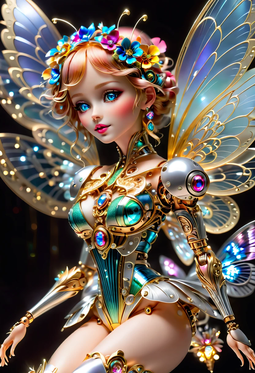 (three-dimensional，Mechanical feel，cute，1 small clown doll，Mechanical doll: 1.3), ((solo)), Colorful neon lights, High-tech mechanical parts, Metal body, Detailed vibranium flower design, bright colors, Dynamic glowing flowers, Reflective metal surface, bright environment, dynamic poses, Exquisite presence, skill improved, interlocking mechanical gears, Stylish design, motion blur effect, Detailed metal processing, Sci-fi atmosphere, Streamlined aerodynamic shape, Laser scanning pattern, Holographic projection, LED light track, beautiful and unforgettable, Advanced sensors, complex algorithm, Ominous and mysterious atmosphere, electric spark, Shiny chrome plating, Propulsion systems of the future, BJ_Gundam, (best quality, 8k, high resolution, masterpiece: 1.2), Super detailed, (whole body:1.8)