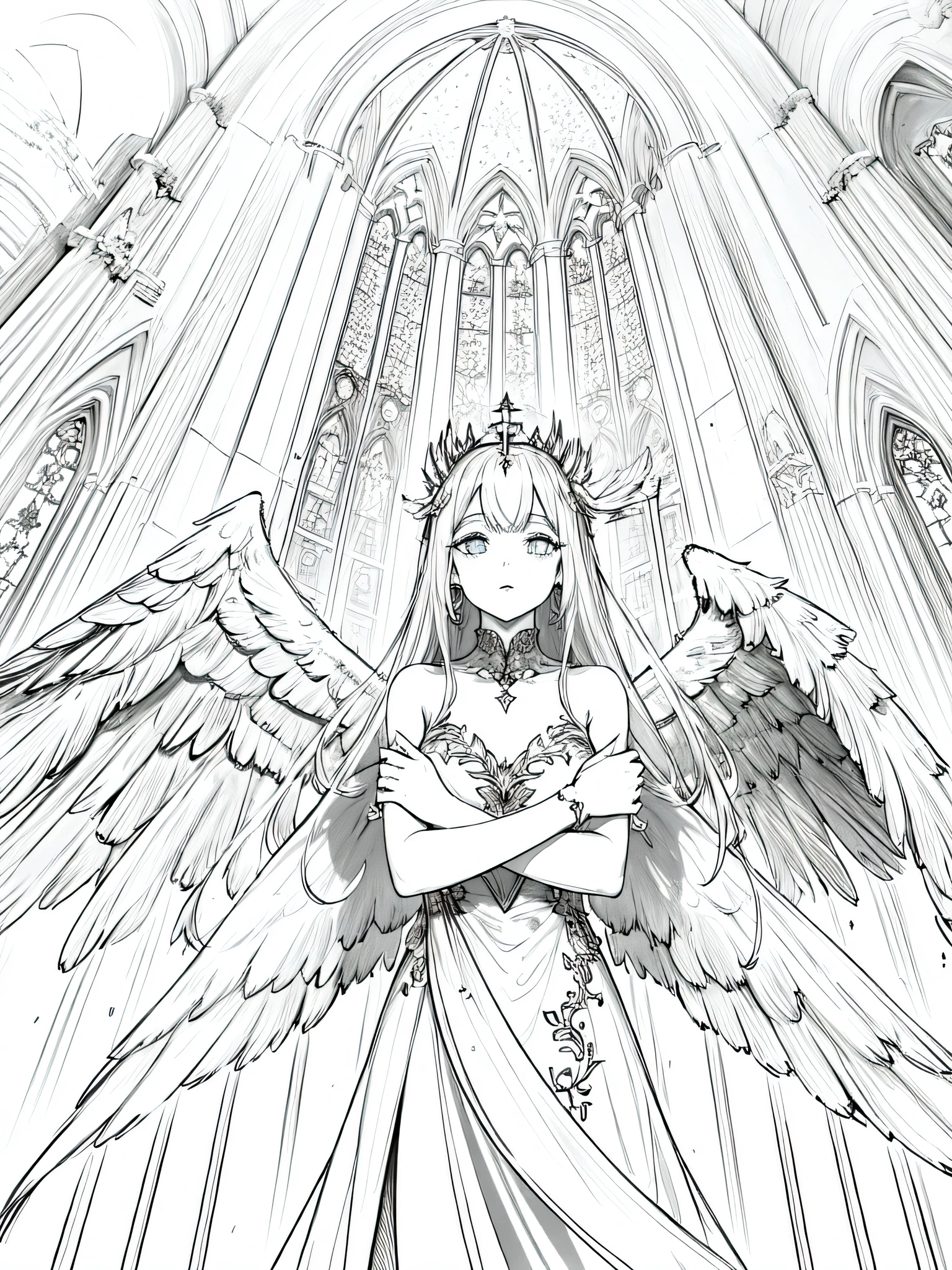 Gran angular medio,  Image of a beautiful angel and a sexy demon girl, Abrazarse dentro de una iglesia, The angel has white feather wings and white hair., The demon girl has dark bat wings and red hair, Se abrazan felizmente, La imagen se divide en dos lados, One side is filled with golden angelic auras., The other side is full of dark background glitter., Mostrando una historia de amor prohibido
