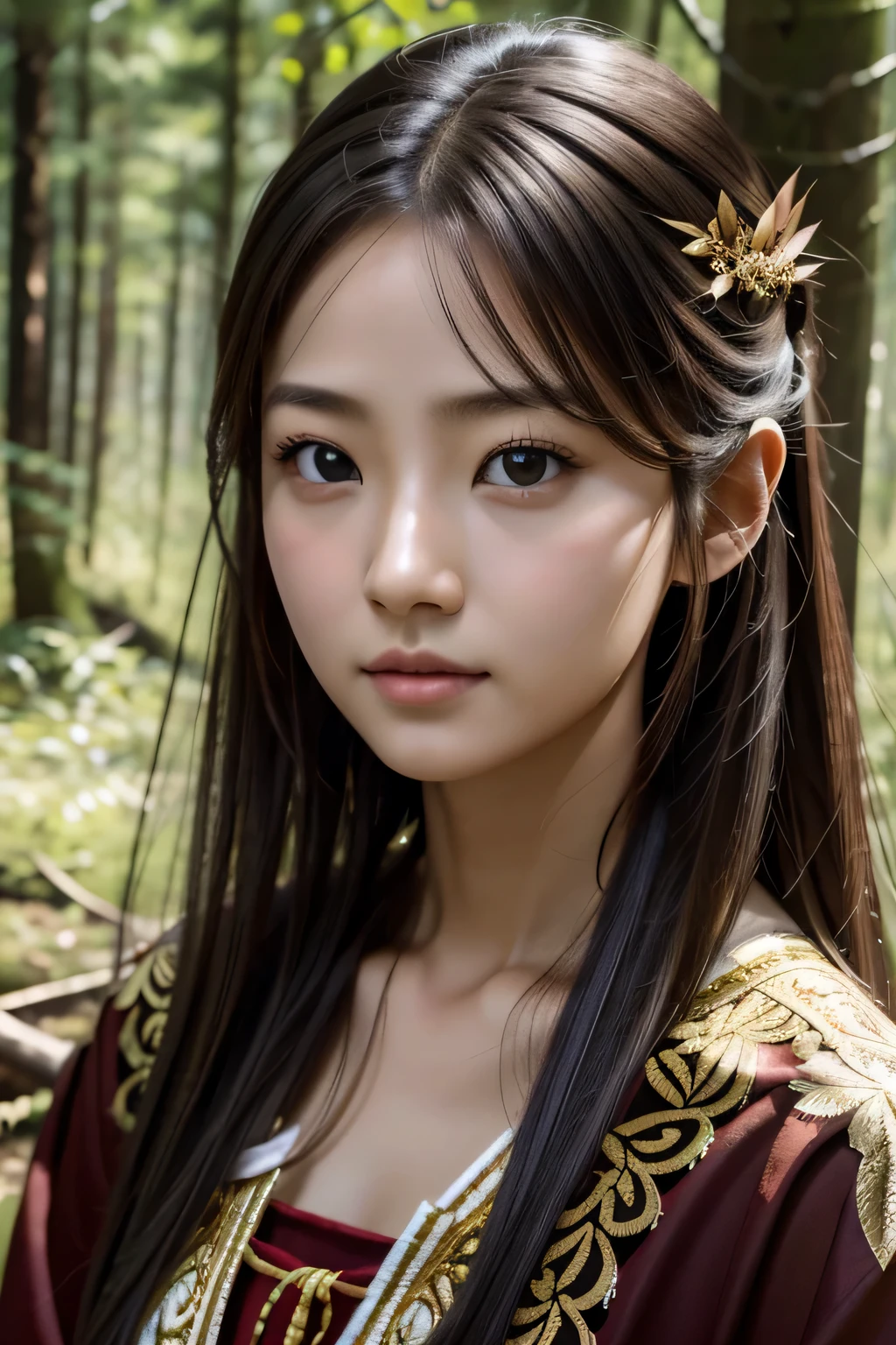 8k、High resolution、A beautiful girl from primitive times、young、white skin,、narrow eyes,high nose,lighting that illuminates the face、clear image、intellectual beauty、skinny、no makeup、The expression you show to your lover,shining hair、single eyelid,、vivid pose、looking at camera、relax on vacation、first inhabited country、Primeval forest、Hunting life、National costume,