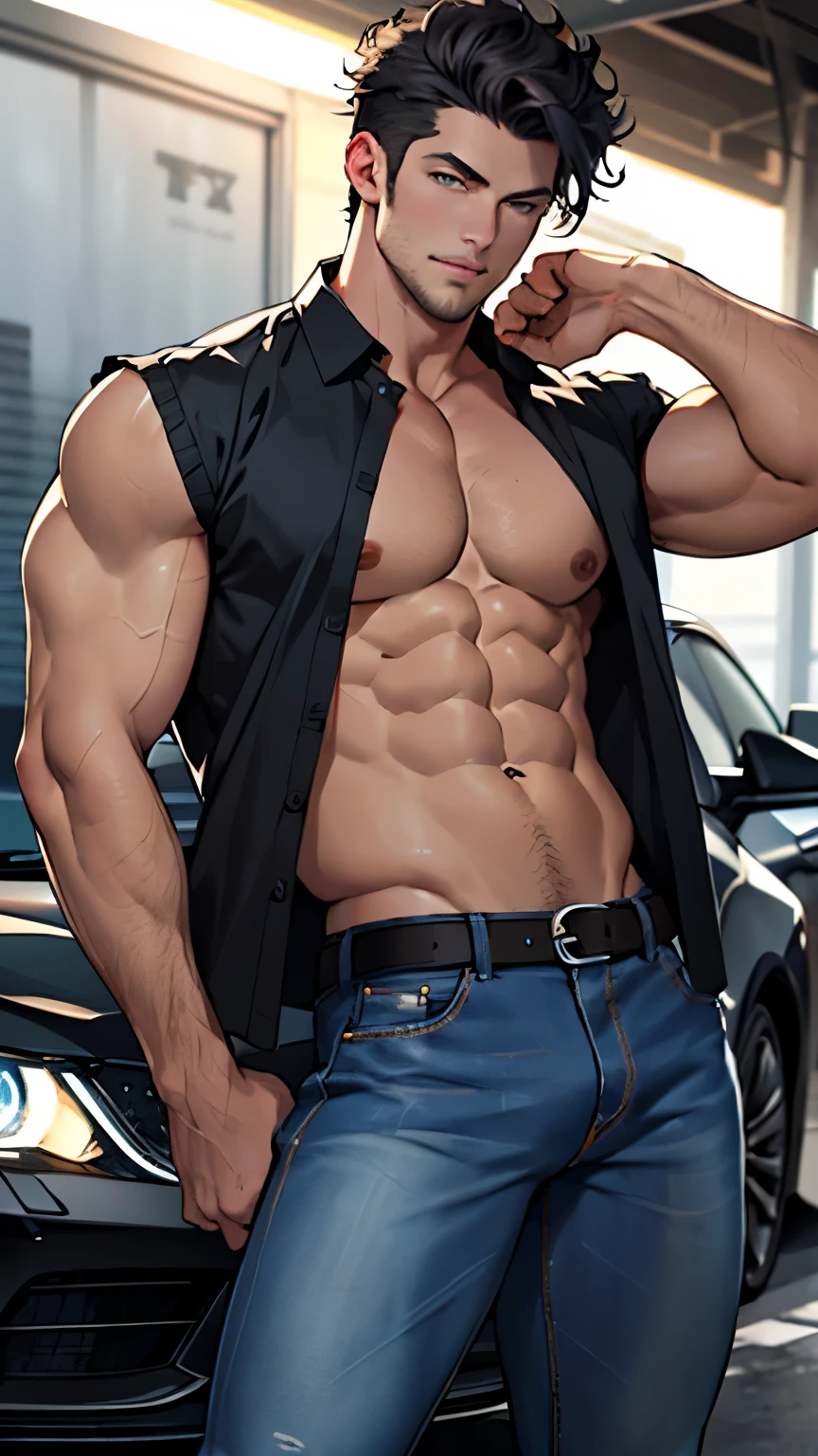 ((best quality)), ((Masterpiece)), (details), perfect face,high definition,Masterpiece,4k,details clearly,Handsome face,white skin,perfect body,male body,strong muscles,Abdomen muscles are wavy.,abdomen,blue eyes,white skin,The most handsome man in the world,handsome,,The coolest face,Male characters,challenge,Show off your body,Strong breasts,beautiful eyes,Look clearly.,sexy male underwear,strong legs,wet body,Show off your arm muscles,luxurious,crystal,millionaire,Ratchawong House,luxurious,Show off your muscles,black jeans,luxury car,sport car,Coolest car,curly hair,pose on car,luxury,perfect hands,perfect eyes,in the garage,V shape,inside,studio light,black car,car lights,perfect male face,pose like champion,shatter jeans,eyes,close up,hotest pose,holding a wrench,full HD,cinematic,(Unbutton jeans),see panties,(shirtless),luxury belt,smart ,black briefs,silver chain,sleeveless shirt,open shirt,showing chest,
