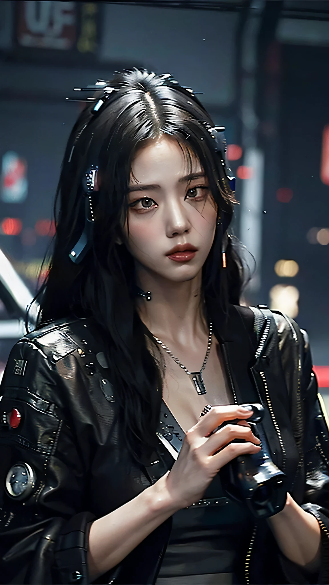 ((Best quality)), ((masterpiece)), (highly detailed:1.3), 3D, beautiful (cyberpunk:1.3) samurai woman with long black hair, black clothes looking at camera