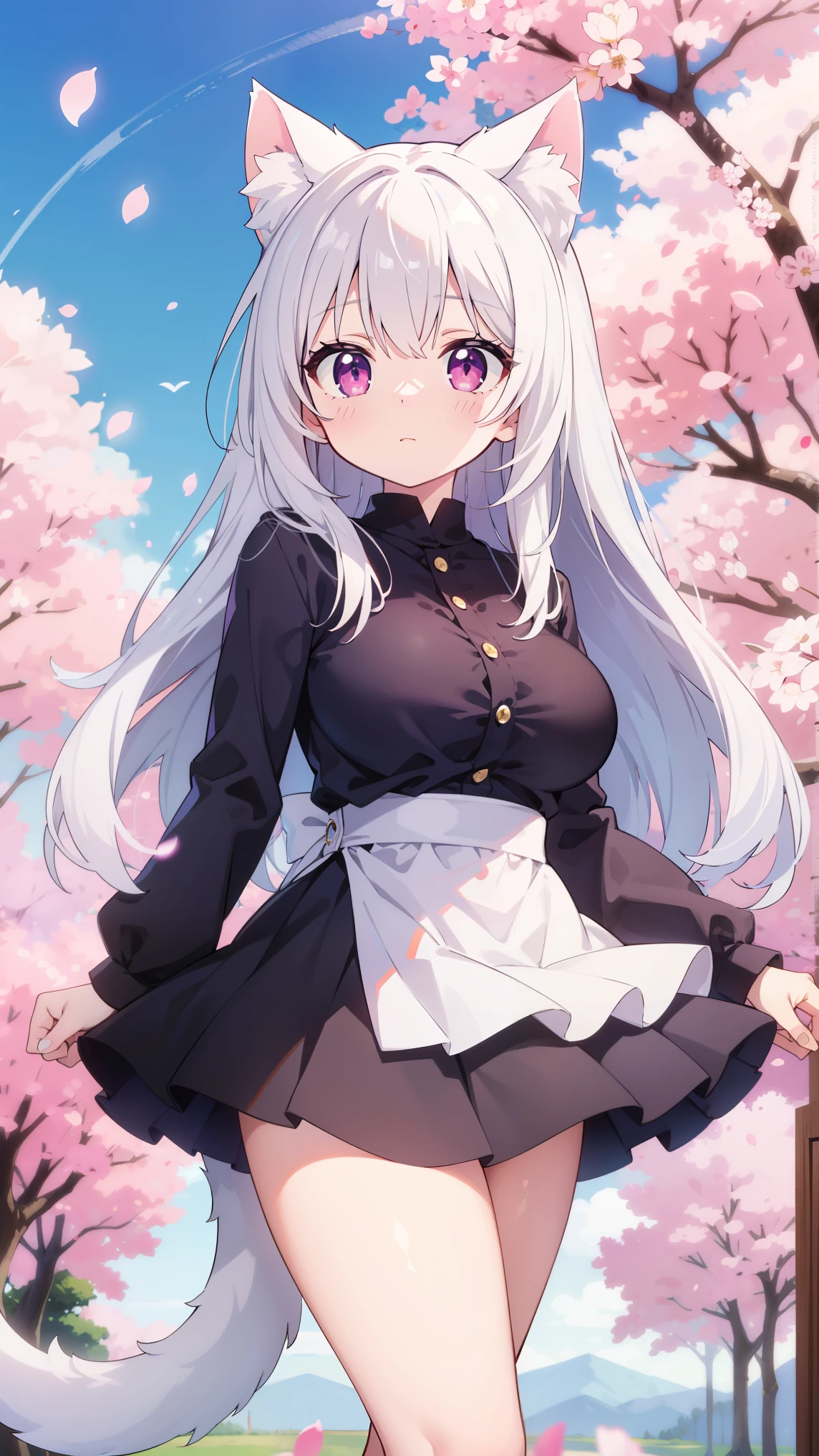 masterpiece, best quality, alone，white hair，straight hair，long hair，light pink eyes，cat girl，Big breasts，White cat ears，Cherry blossoms，blue sky，looking into camera，Show long legs