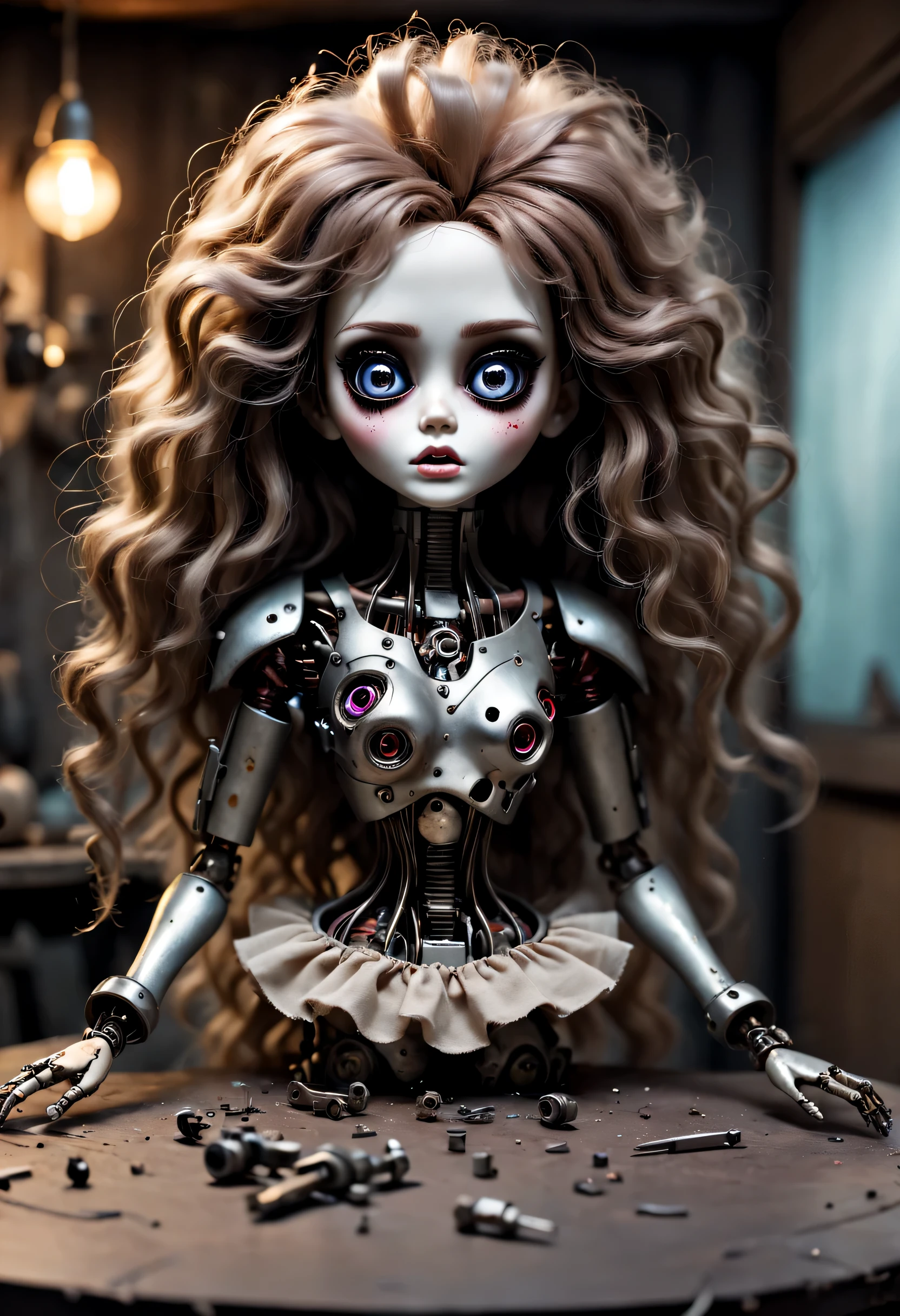 doll on table,Possess human emotions and intelligence,scary mechanical doll,big eyes,dark eye makeup,Mechanical joint,fluffy hair,whole body,Metal skin decoration,dirty,tattered clothes,glow