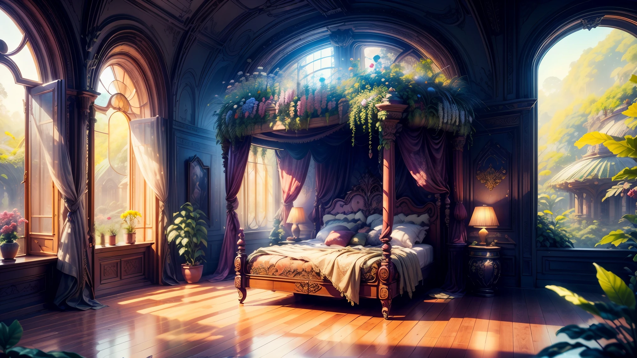 Solarpunk Dreamscape: The Royal Botanical Sanctuary | Generate an ornate botanical bedroom in the style of Versailles in a solarpunk world. There is a giant historical window in the bedroom. The giant French historical window is adorned with intricate carvings and dominates one wall. Through the massive window, a colorful and intricate solarpunk cityscape is visible. The cityscape is bustling and interesting, with many small details and high visual interest. The bedroom is peaceful, with many elegant flowers and flowered ivy among the rich silk fabric and hardwood floor. Take inspiration from rooftop gardens, royal french gardens, beautiful rose gardens, and whimsical fantasy. Include beautiful fantasy details and touches, including fantasy water, books, 3D touches, and delicate tendrils of ivy. Camera: Utilize innovative lighting techniques to emphasize the realism and beauty of the image. Delicate flower petals from floating flowers dance through the air. Utilize dynamic composition to create a compelling image.