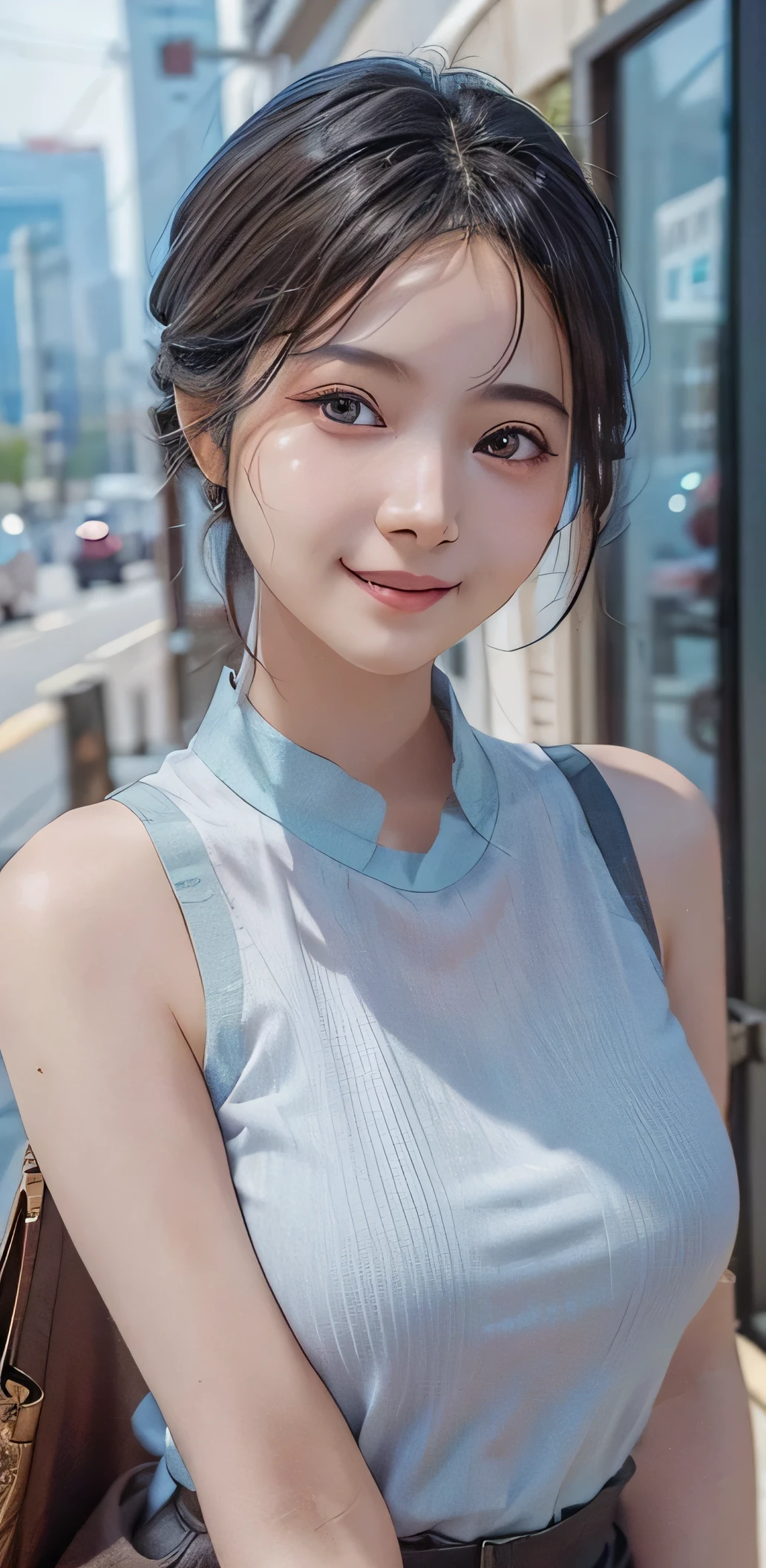 Masterpiece, 1 Beautiful Girl, Detailed, Swollen Eyes, Top Quality, Ultra High Resolution, (Reality: 1.4), Original Photo, 1Girl, Cinematic Lighting, Smiling, Japanese, Asian Beauty, Korean, Clean, Super Beautiful, Little Young Face, Beautiful Skin, Slender, Cyberpunk Background, (ultra realistic), (high resolution), (8K), (very detailed), (best illustration), (beautifully detailed eyes), (super detailed), (wallpaper), (detailed face), viewer looking, fine detail, detailed face, pureerosfaceace_v1, smiling, 46 point slanted bangs, looking straight ahead, neat clothes, dark colored eyes, clothes sleeveless, body facing front,