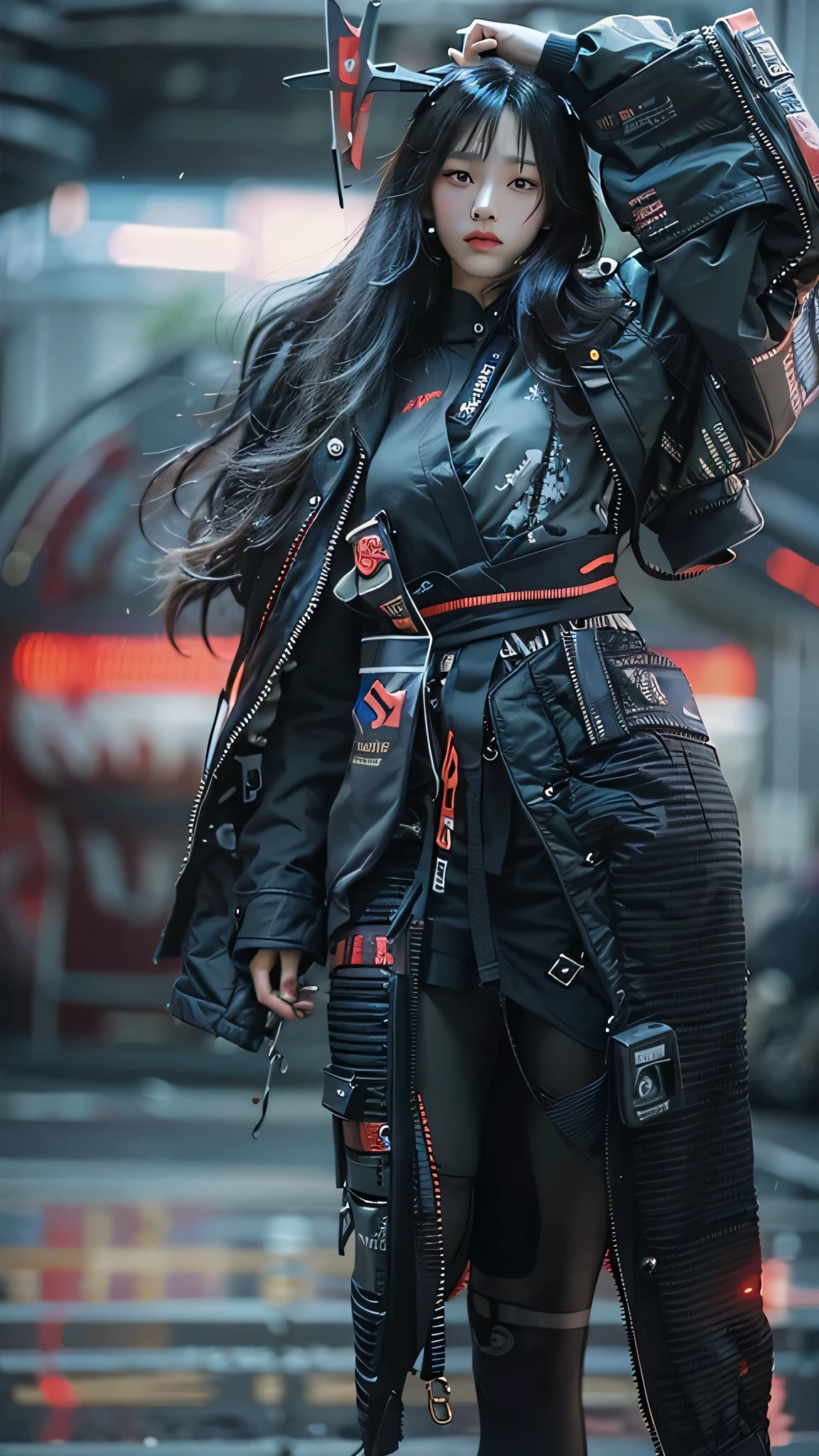 ((Best quality)), ((masterpiece)), (highly detailed:1.3), 3D, beautiful (cyberpunk:1.3) samurai woman with long black hair, black clothes looking at camera