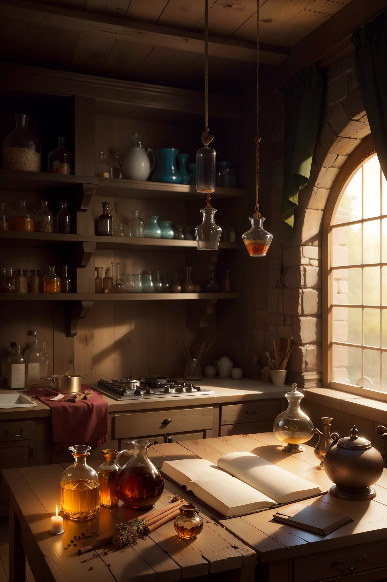 a room with a massive table, an alchemical laboratory of the Middle Ages, large windows, lots of light, glass flasks ((Unusual potions, colored glass)), a stone mortar and pestle, a book on alchemy, shelves with jars of different sizes, herbs and spices, bundles of dried herbs hanging from the ceiling, wax candles. Magical atmosphere, fantasy art, this work is made in very realistic colors, artistic expressiveness..