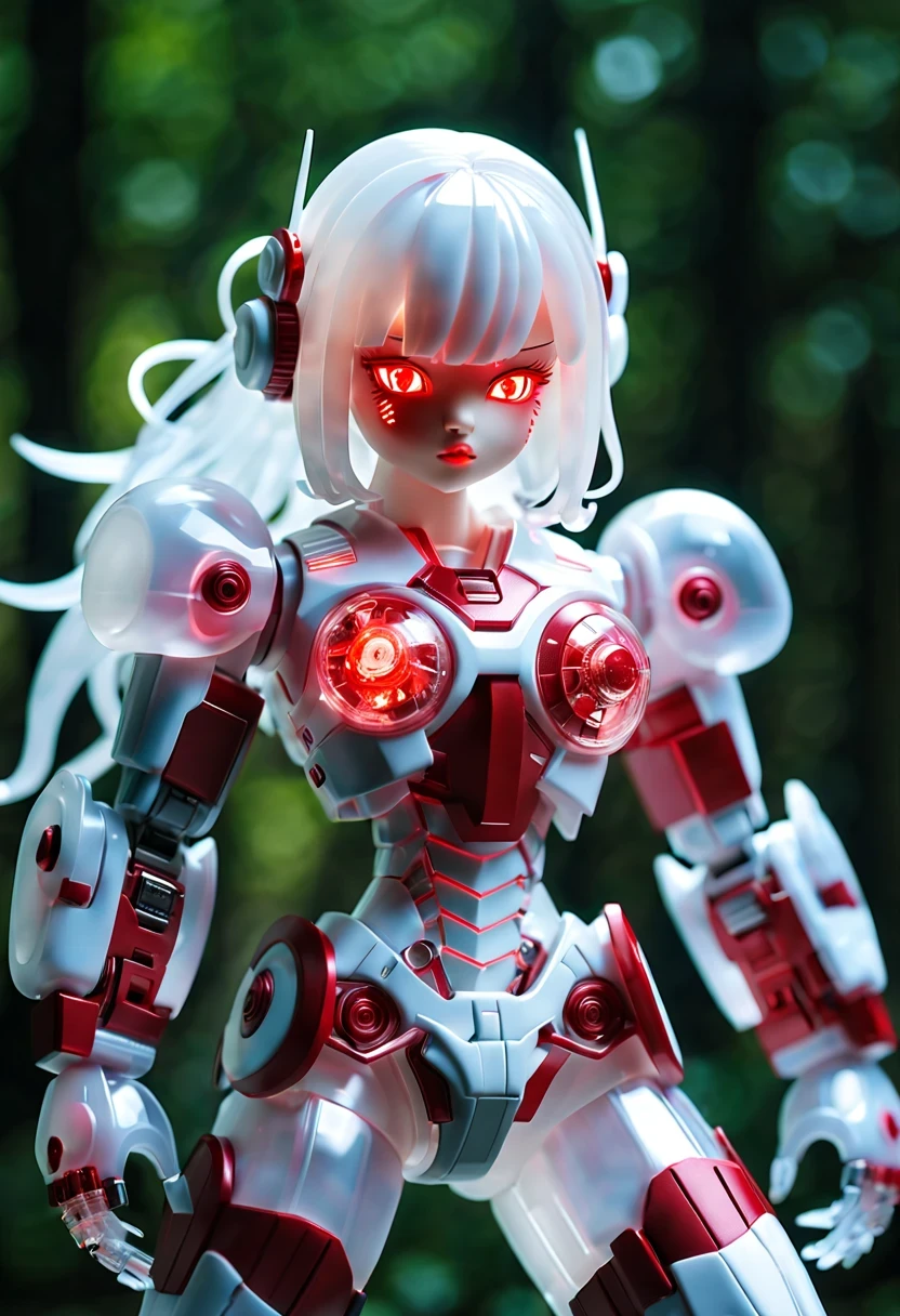 (Blind box toy style:1.2),kawaii doll, huge (translucent mechanical girl:1.2) Mechanical warriors contain a large number of electronic components, Luminous electronic eye. The mecha stands on the ground in a combat posture. white and red color scheme.(Ray tracing, Well-designed, high detail, masterpiece, best quality, ultra high definition)