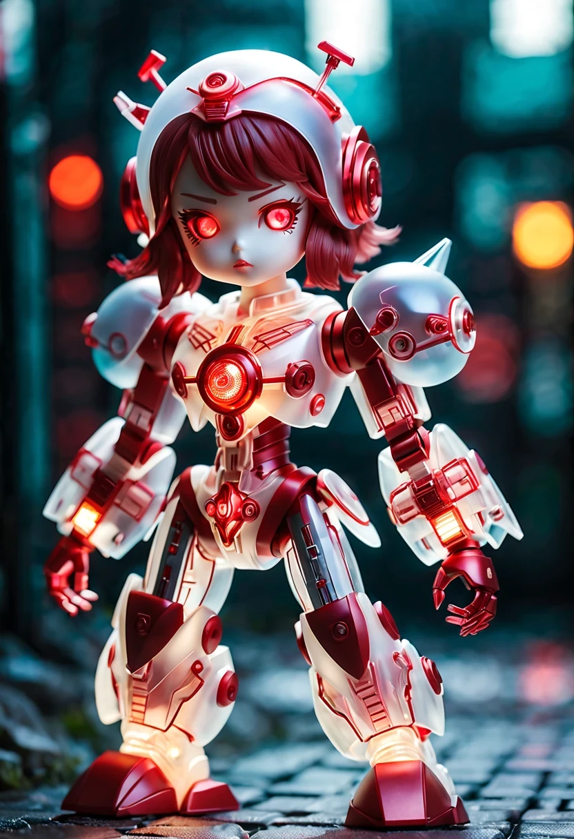 (Blind box toy style:1.2),kawaii doll, huge (translucent mechanical girl:1.2) Mechanical warriors contain a large number of electronic components, Luminous electronic eye. The mecha stands on the ground in a combat posture. white and red color scheme.(Ray tracing, Well-designed, high detail, masterpiece, best quality, ultra high definition)