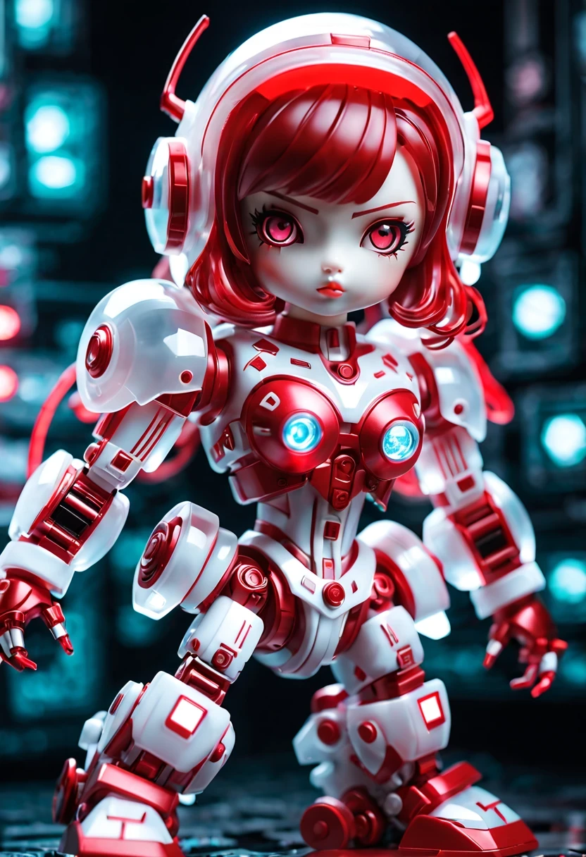 (Blind box toy style:1.2),kawaii doll, huge (translucent mechanical girl:1.2) Mechanical warriors contain a large number of electronic components, Luminous electronic eye. The mecha stands on the ground in a combat posture. white and red color scheme.(Ray tracing, Well-designed, high detail, masterpiece, best quality, ultra high definition)