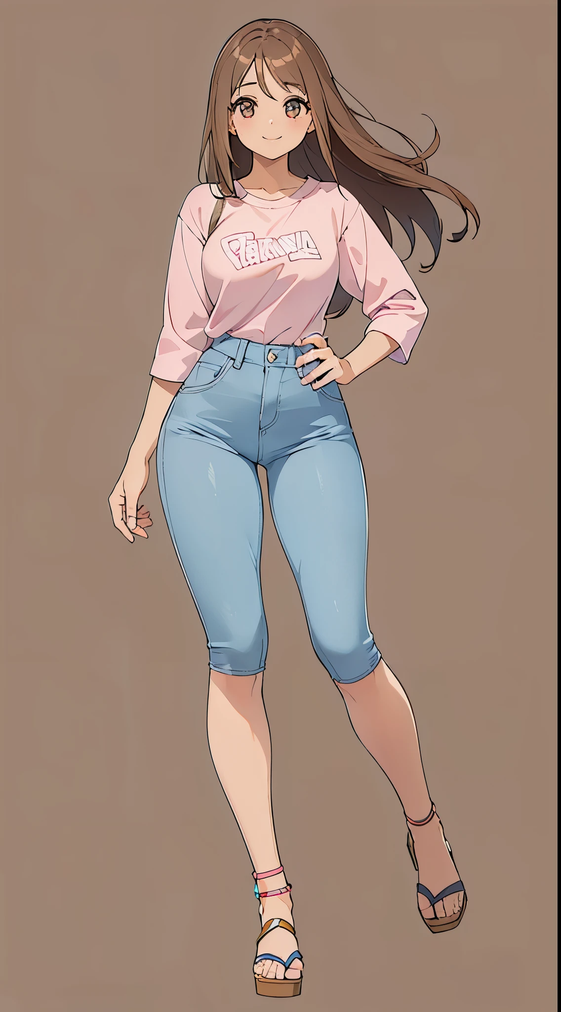 1 girl sigle, long brown Haircurt, eyes color brown, japanese half brazilian, light skin, body type athlete body, full body, wearing pink shirt and blue jeans shorts and brown sandals, age 18, Height	160cm, Breast cup C, light skin, stand pose, smile, Brasil paulo background, escene looking the view