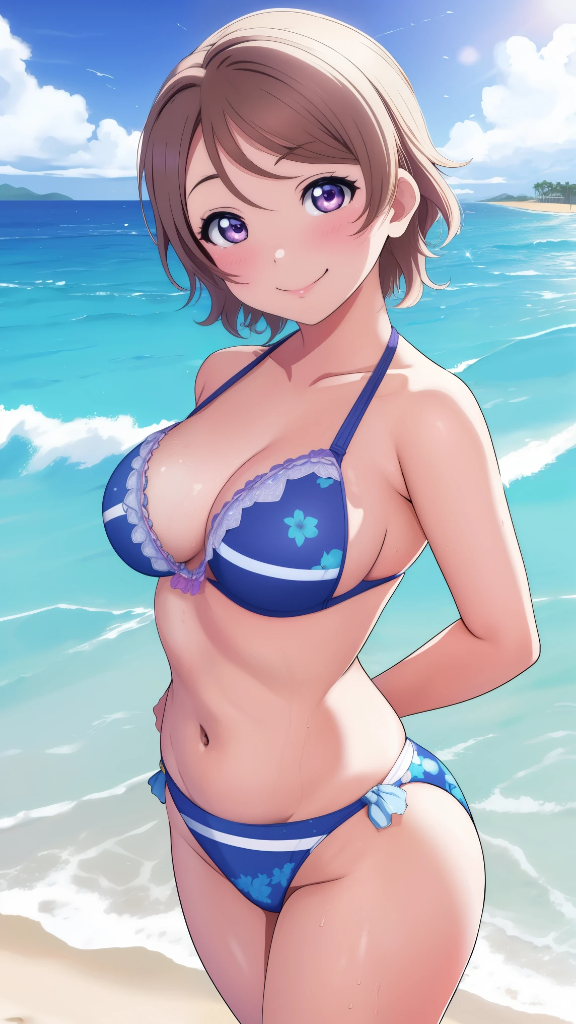 Masterpiece, 8k wallpaper, solo, Watanabe you, standing, smile, swimsuit, beach, highly detailed, beautiful detailed eyes, medium breasts